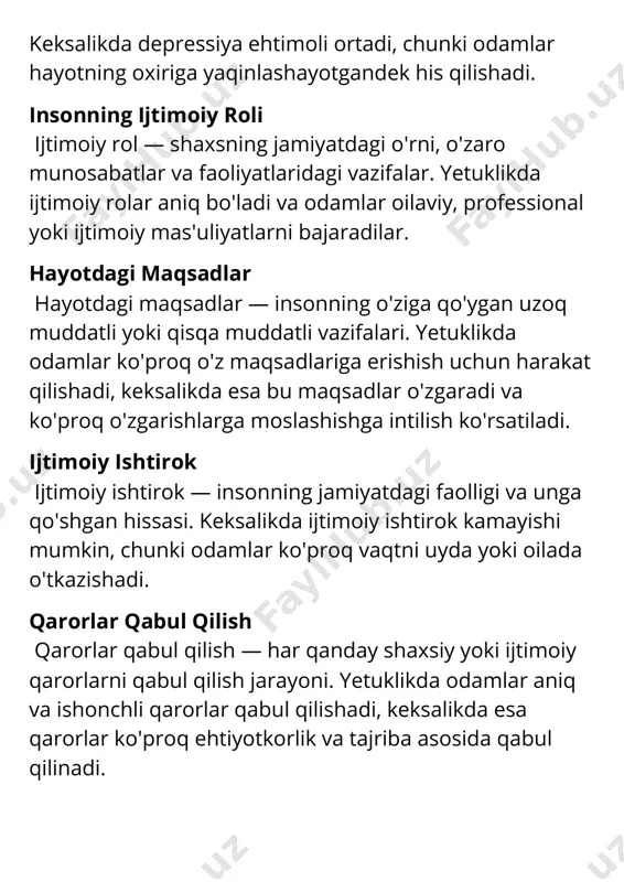 oslashuv o'zgarishlarga moslashuv — yangi sharoitlarga, vaziyatlarga yoki hissiyotlarga moslashish qobiliyati. keksalikda o'zgarishlarga moslashish ko'proq muammolarni hal qilishni talab qiladi, ammo tajriba yordam beradi. o'zgarishlar va qarshiliklar o'zgarishlar — yangi va oldinga siljish. keksalikda ko'proq o'zgarishlarga qarshilik bo'lishi mumkin, chunki odamlar eski odatlari va hayot tarzini yo'qotishdan qo'rqishadi. ichki xotira ichki xotira — odamning o'z hissiyotlarini, tajribalarini va xotiralarini saqlash qobiliyati. keksalikda ichki xotira kuchayadi, ammo qisqa muddatli xotira pasayishi mumkin. psixologik tenglik psixologik tenglik — insonning hissiy va kognitiv holatlaridagi muvozanat. yetuklikda psixologik tenglik ko'proq saqlanadi, keksalikda esa bu holat ko'proq o'zgarishlarga bog'liq bo'lishi mumkin.