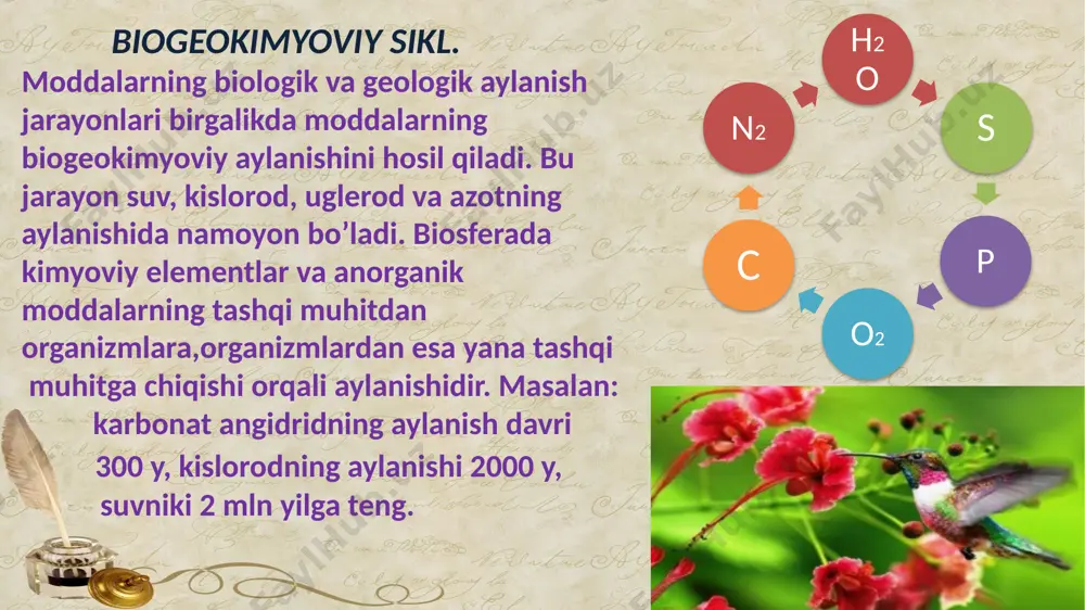 (tish qatlami) va suyak to’qimasi tarkibiga kiradi. atmosfera tarkibida uchramaydi, uzoq geologik davrlar mobaynida hosil bo’lgan tog’ jinslari uning manbayi hisoblanadi. biosferada oltingugurtning davriy aylanishi. oltingugurt tabiatda asosan h2s, sulfitlar, sulfatlar hamda erkin holda uchraydi. o’simliklar sulfatlarni o’zlashtirib, oltin- gugurt saqlovchi aminokislotalar sintez qiladi.hayvonlar esa oltingugurtni orga- nik birikmalar orqali o’zlashtiradi.o’simlik va hayvonlar nobud bo’lib,redutsentlar tomonidan parchalanib, “s” yana tashqi muhitga qaytariladi. tarkibida “s” ko’p moddalarning yonishidan “s” oksidlari hosil bo’ladi, suv bug’lari bn reaksiyaga kirishib kislotalarni hosil qiladi. “frayera” metodi. barg muhim xuxusiyati fotosintes qiladi. suv bug’latadi. nomuhim hususiyatlari kislorod bilan nafas oladi. vegetativ organ. misol keltiring. gulli o’simliklarda bo’ladi. mos kelmaydigan ta’riflar. bir hujayrali suvo’tlarda bo’ladi. 10 uglerod muhim xuxusiyati. kimyoviy belgisi-”c” atom massasi-12 nomuhim hususiyatlari. aminokislotalar, organik birikmalar tarkibida uchraydi. misol keltiring. karbonat angidrid, oxaktosh, ko’mir... mos kelmaydigan ta’riflar. denitrifikatsiya jarayonida atmosferaga ajraladi. suv muhim xuxusiyati fotosintezda ishtirok etadi. nomuhim hususiyatlari vodorod va kisloroddan tashkil topgan. tog’ …