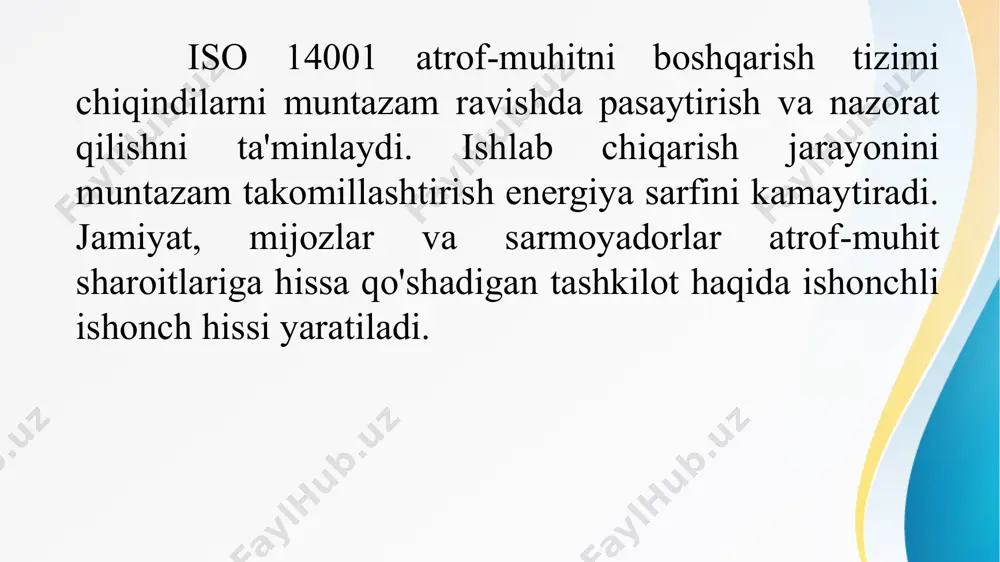 'tadi. treninglar tugagandan so'ng, u biznesni rejalashtirishga keladi. tizimning o'rnatish bosqichlari olib tashlanadi va jadval tuziladi. keyin ekologik qonunlar, me'yoriy hujjatlar va turli xil rasmiy qonunlar o'rganib chiqilishi va yo'qolgan hujjatlar va ruxsatnomalar to'ldirilishi kerak. ayni paytda, birinchi nazorat uchrashuvi yuqori rahbariyat bilan o'tkaziladi. ushbu yig'ilishda hozirgi kunga qadar olib borilgan tadqiqotlar yuqori boshqaruvga topshirildi va yuzaga kelishi mumkin bo'lgan muammolar muhokama qilindi. top menejment butun ish davomida qo'llab-quvvatlanishi kerak. keyingi bosqichda turli xil hujjatlar, masalan, biznes-jarayonlar, buyurtma yo'riqnomalari va lavozim tavsiflari tayyorlana boshlaydi. hujjatlar bilan ishlash tugallangandan so'ng, barcha xodimlar atrof-muhitni boshqarish tizimi haqida xabardor qilinadi va o'qitiladi. atrof-muhitni boshqarish tizimi tayyor bo'lgach, tizim tanlangan har qanday birlikda amalga oshiriladi. dastlabki natijalar baholanadi. kerakli tuzatishlar va yaxshilanishlar amalga oshirilmoqda. oxir oqibat, tizim butun tashkilotda amalga oshiriladi. atrof-muhitni boshqarish tizimi tashkilotda amalga oshirilgan ekan, uning bajarilishini nazorat qilish, tekshirish va takomillashtirishni davom ettirish kerak. buning uchun ichki audit bo'yicha treningdan …
