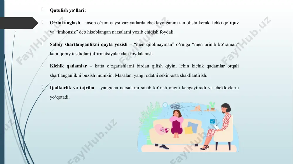 lanadi. salbiy shartlanganlik – qo‘rquv, jazolash, tanqid qilish natijasida shakllanadi. amaliy hayotiy misollar bir talaba ko‘pchilik oldida gapira olmasdi. u asta-sekin kichik guruhlar oldida gapira boshladi. keyin esa katta auditoriyada chiqish qilish darajasiga yetdi. bir xodim yangilik kiritishdan qo‘rqardi. psixologik treninglar orqali “xatodan qo‘rqmaslik”ni o‘rgandi va keyinchalik muvaffaqiyatli loyiha muallifi bo‘ldi. xulosa xulosa qilib aytganda, psixologik cheklash va shartlanganlik insonning erkin fikrlashi, ijodiy rivojlanishi va o‘z imkoniyatlarini ro‘yobga chiqarishiga to‘sqinlik qiladi. ulardan qutulish uchun ongiy o‘zgarish, amaliy mashqlar, ijobiy muhit va kerak bo‘lsa professional yordam zarur. inson o‘zini cheklovlardan xalos qilsa, u yanada erkin, baxtli va muvaffaqiyatli hayot kechirish imkoniyatiga ega bo‘ladi. image1.png image2.jpeg image3.jpeg image4.jpeg image5.png psychologisttreatmentchildwithfamily /docprops/thumbnail.jpeg