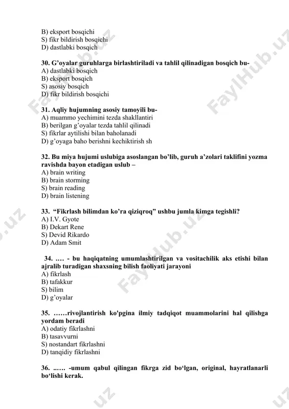 ni saqlash va tashishni tashkil etish (logistika) a) place b) promotion s) product d) product 46. potentsial xaridorlarni xabardor qilish, sotishni rivojlantirishning turli usullari (reklama, xizmat ko'rsatish va hk) orqali mahsulot va kompaniya to'g'risida ijobiy fikr yaratish tizimi a) price b) place s) product d) promotion 47. ……bu o'z faoliyati natijasida ba'zi bir yangi mahsulotlarni yaratadigan shaxs a) ijodkor shaxs b) tadbirkor s) investor d) marketolog 48. shaxsni rivojlantiruvchi omillar bu a) fikrlash, bilim olish b) irsiyat, muhit, tarbiya s) muhit, tahlil qilish d) ma’naviy muhit, moliyaviy ko’maklar 49. kreativlik mezonlari quyidagilar hisoblanadi a) tezkorlik, o'ziga xoslik, egiluvchanlik, sezgirlik, metaforizm, qoniqish b) metaforizm, tanqidiy fikrlash, istiqbolli qarorlar qabul qila olish s) tezkorlik, ijodkorlik, tanqidiy va mantiqiy fikrlarni taqqoslay olish d) qoniqish, fikrlar almashinuvi 50. kreativ shaxsning xususiyatlari a) eksport, realist, ijodkorona fikrlovchi b) ijodkorona, hissiy, realist, tezkor s) tanqidchi, kognitiv, kommunikativ d) kognitiv, motivatsion, kommunikativ 51. ingliz tili dizayn tafakkuri …