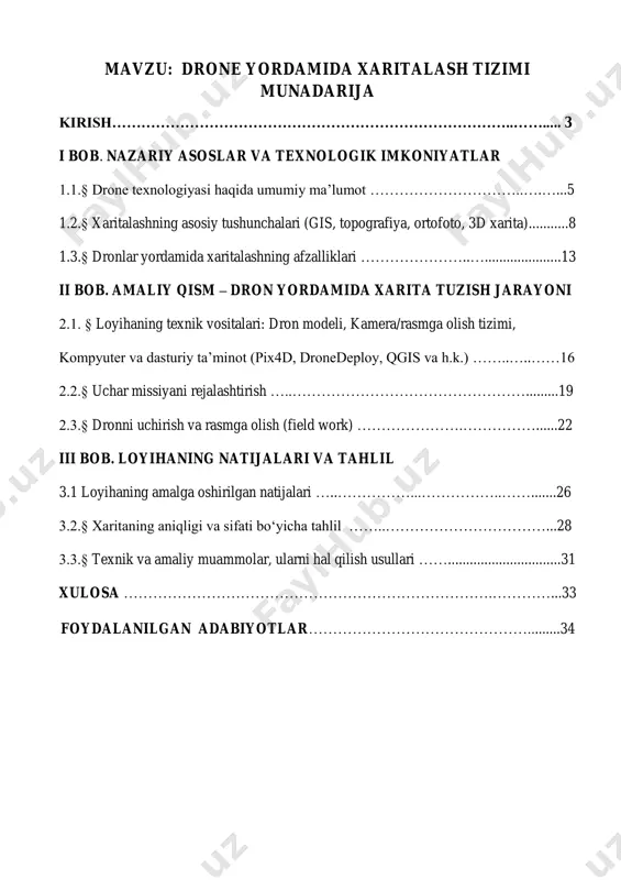 hududlarni vizual va raqamli shaklda tasvirlash jarayonidir. an’anaviy xaritalash usullari ko‘pincha maxsus uskunalar, katta jamoa, vaqt va ko‘p bosqichli jarayonlarni talab qiladi. bunday usullar ko‘p hollarda tog‘li, o‘rmonli yoki xavfli hududlarda yetarli natija bera olmaydi. ammo dron yordamida xaritalash tizimi bu muammolarni samarali hal etadi. dronlar o‘ziga o‘rnatilgan yuqori aniqlikdagi kameralar, gps modullar va boshqa sensorlar yordamida katta maydonlarni qisqa vaqt ichida skanerlaydi hamda aniqligi yuqori bo‘lgan rasm va ma’lumotlarni yig‘adi. ushbu ma’lumotlar maxsus dasturlar (masalan, pix4d, dronedeploy, qgis) orqali qayta ishlanadi va natijada 2d ortofotolar, 3d model, raqamli relyef modeli (dtm) va boshqa ko‘rinishdagi xaritalar yaratiladi. bunday tizimlar qishloq xo‘jaligida ekin maydonlarini nazorat qilish, o‘simlik holatini baholash, suv resurslarini to‘g‘ri taqsimlashda katta ahamiyatga ega. qurilish va arxitektura sohasida esa dronlar yordamida loyiha maydonlarini o‘lchash, ob’ektlarni monitoring qilish, inspeksiya va hisobotlar tayyorlash juda qulay. favqulodda holatlarda, masalan, zilzila, toshqin yoki yong‘in vaqtida dron yordamida xavfsiz masofadan turib hodisa joyini ko‘rish …