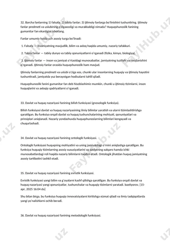 ’rni. tarixiy-nazariy fanlar huquq va davlatning tarixiy taraqqiyotini, nazariy asoslarini o‘rganadi. baxtiyorov, [15-apr, 2025 16:04 da] huquq fanini o‘rganishda asosiy yo‘nalishlar quyidagilar: normativ-analitik yondashuv, tarixiy yondashuv, sotsiologik yondashuv, qiyosiy-huquqiy yondashuv, falsafiy yondashuv. har biri huquqiy jarayonlarga turli tomondan qarashni ta’minlaydi. baxtiyorov, [15-apr, 2025 16:04 da] ular huquqshunoslikda fundamental rol o‘ynaydi, boshqa yuridik fanlar uchun nazariy poydevor bo‘lib xizmat qiladi. 25. amaliy yuridik fanlarning yuridik fanlar tizimidagi tutgan o’rni. amaliy yuridik fanlar huquqni qo‘llash, jinoyatlarni tergov qilish, huquqbuzarlikni oldini olish kabi real masalalarni o‘rganadi. ular huquqni amalda qo‘llashga xizmat qiladi va nazariy fanlardan foydalanadi. 26. tarmoq yuridik fanlarning yuridik fanlar tizimidagi tutgan o’rni. tarmoq fanlar huquqning turli sohalarini o‘rganadi (fuqarolik, jinoyat, mehnat huquqi). ular huquqiy munosabatlarning aniq turlarini tartibga soladi va amaliyotda bevosita qo‘llanadi. 27. xalqaro huquqiy fanlarning yuridik fanlar tizimidagi tutgan o’rni. xalqaro huquqiy fanlar davlatlararo huquqiy munosabatlarni o‘rganadi. ular global huquqiy tizimning ajralmas qismi bo‘lib, xalqaro huquqiy normalarni tahlil …