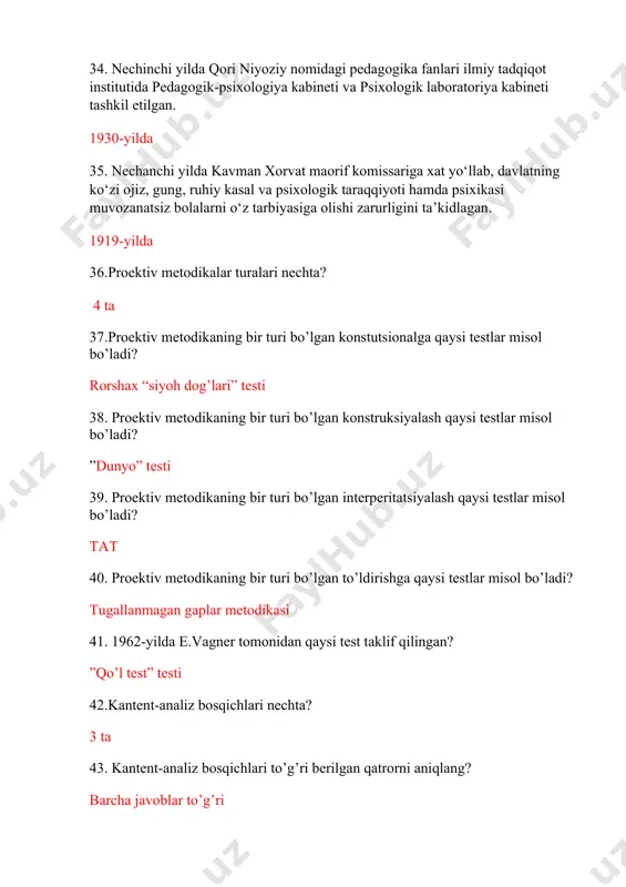 iagnoz bo’yicha yakuniy xulosa berish turlari nechta? 3 ta 54. psixologik diagnoz bo’yicha yakuniy xulosa berish qatori to’g’ri berilgan qatorni aniqlang? barcha javoblar to’g’ri 55 .l.s.vigotskiy bo’yicha psixologik pragnoz xususiyatlari nechta? 4 ta 56. l.s.vigotskiy bo’yicha psixologik pragnoz xususiyatlari to’g’ri berilgan qatorni aniqlang? b. egiluvchanlik, differensial xarakter b va d javoblar to’g’ri d. to’liq mazmuniy, alohida yosh uchun yo’nalganlik 57. psixologik pragnoz nima? psixologik ko’rik va berilgan tavsiyalarni yetkazish bilan bog’liq psixologik xizmat turi 58. shartlangan variyantli pragnoz turi nechta? 3 ta 59. psixologik pragnoz turi nechta? 2 ta 60. psixologik pragnoz turi to’g’ri berilgan qatorbni aniqlang? statik, klinik 61.psixodiagnostika fanining predmetini o’ziga xos jihatlari nechta? 4 ta 62. psixodiagnostika fanining nazariy vazifalari nechta? 5 ta 63. psixodiagnostik tekshiruv bosqichlari to’g’ri berilgan qatorni aniqlang? barcha javoblar to’g’ri 64.psixodiagnostik tekshituv asosida to‘planadigan ma`lumot turlari nechta? 3 ta 65. psixodiagnostik tekshituv asosida to‘planadigan ma`lumot turlari to’g’ri berilgan qatorni toping? barcha javoblar to’g’ri …