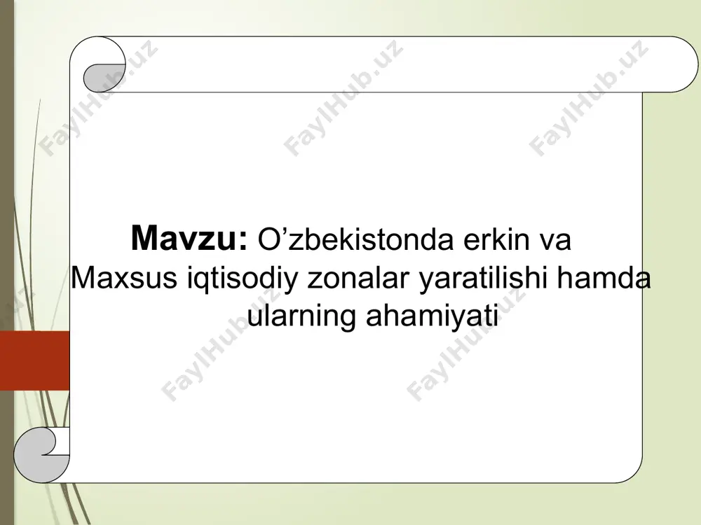 nazar tadbirkorlik faoliyatining ma’lum turiga qo’llaniladigan imtiyozli rejimdir 1.savdo hududlari 2. sanoat ishlab chiqarish hududlari 3. texnikaviy ilmiy ishlab chiqarish hududlari 4. servis xizmat ko’rsatish hududlari.erkin bojxona hududlari. bond omborlari. erkin portlar. erkin savdo hududlari.importning o’rnini bosuvchi mahsulot ishlab chiqarish hududlari. eksport sanoati hududlari. sanoat parklari. ilmiy-sanoat parklari, texnopolislar. texnoparklar.yangi va yuqori texnologiyalarni rivojlantirish hududlari. offshor hududlar. moliya markazlari. bank xizmati hududlari. turizm xizmati hududlari. ekoparklar erkin iqtisodiy zonalarning turlari. “navoiy” erkin industrial-iqtisodiy zonasi. o`zbekistonda 2021 yilda mamlakatimizning investitsiyaviy jozibadorligini yanada yaxshilashga yo`naltirilgan bir qator qo`shimcha muhim qonun hujjatlari va huquqiy normalar qabul qilindi o’zbekiston respublikasida ishlab chiqarishni rivojlantirishda zamonaviy yuqori texnologiyalarga ega bo’lgan korxonalarni tashkil etish orqali jahon standartlariga javob beradigan va jahon bozorida o’z ulushiga ega bo’lgan tayyor mahsulot ishlab chiqarishni ta`minlash, hamda sanoat salohiyatini oshirish, ishlab chiqarish, transport-tranzit va ishtimoiy infratuzilmalarni tashkil etish maqsadida o’zbekiston respublikasi prezidentining 2018 yil 2 dekabr №pq-4059 qabul qaroriga asosan «navoiy viloyatida …