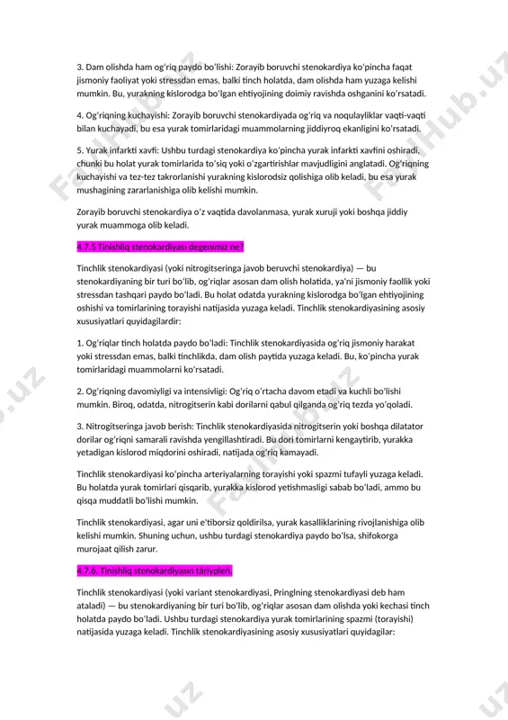 ) ham samarali bo‘lmasligi mumkin. 3. dam olishda yoki o‘tirgan holda ham paydo bo‘lishi: zorayib boruvchi stenokardiya nafaqat jismoniy faoliyat yoki stressda, balki tinch holatda ham yuzaga kelishi mumkin. bu holat kasallikning og‘ir shaklini va yurak tomirlarida yanada jiddiy muammolar mavjudligini ko‘rsatadi. 4. tez-tez takrorlanishi: og‘riq va noqulayliklarning takrorlanishi stenokardiyaning bu turini belgilaydi. har safar og‘riq yangi va kuchliroq bo‘lishi mumkin. zorayib boruvchi stenokardiya, odatda, yurak kasalliklarining rivojlanishining og‘ir belgisidir. bu holat infarkt yoki boshqa yurak kasalliklari xavfini oshiradi, shuning uchun darhol tibbiy yordamga murojaat qilish zarur. 4.7.4. rawajlanıp barıwshı stenokardiyanı táriypleń. zorayib boruvchi stenokardiya (progressiv stenokardiya) — bu stenokardiyaning bir turi bo‘lib, og‘riq va noqulaylikning vaqt o‘tishi bilan kuchayib borishiga xosdir. ushbu turdagi stenokardiya ko‘proq yurak tomirlarining yomonlashuvi yoki ularning to‘silishi bilan bog‘liq bo‘ladi. asosiy xususiyatlari quyidagilar: 1. og‘riqning kuchayishi va tez-tez takrorlanishi: zorayib boruvchi stenokardiya og‘riqlari avvalgi holatlariga qaraganda tez-tez va kuchliroq paydo bo‘ladi. og‘riq o‘rtacha yoki kuchli …