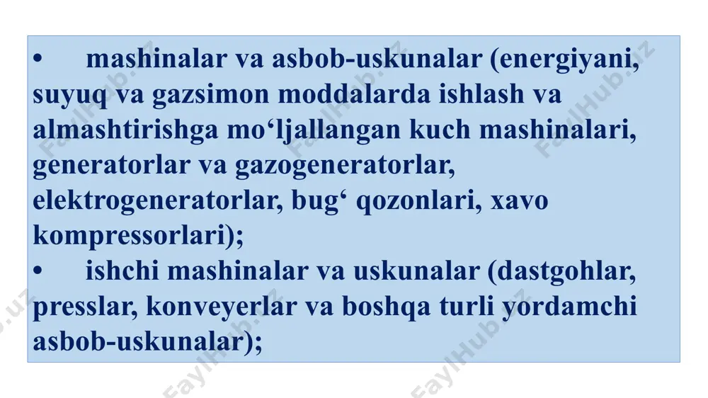 ta tiklash uchun yillik amortizatsiya me’yori, %; fb - asosiy fondlarning boshlang‘ich qiymati, so‘m; fch- fondlarning tugatilish, ishlab chiqarishdan chiqarilish qiymati; ta - asosiy fondlarning me’yoriy xizmat vaqti, yil. yillik amortizatsiya ajratmalari (aa) miqdori quyidagicha aniqlanadi: bu yerda: tk – xizmat muddati davomida kapital ta’mirlashga sarflangan xarajatlar; m– modernizatsiya qilishga sarflangan xarajatlar. fb - asosiy fondlarning boshlang‘ich qiymati, so‘m; fch- fondlarning tugatilish, ishlab chiqarishdan chiqarilish qiymati; amortizatsiya mablag‘lari asosiy fondlarni to‘liq qayta tiklash (renovatsiya), kapital ta’mirlash va uskunalarni modernizatsiya qilish uchun alohida ravishda yo‘naltiriladi. shu sababli, amortizatsiya me’yori ikki qismdan - fondlarni renovatsiya qilish xamda kapital ta’mirlash va modernizatsiya qilishdan iborat. birinchi xolda: bu yerda: th - asosiy fondlarning xaqiqiy xizmat qilish vaqti, yil. ikkinchi xolda: ishlab chiqarish jarayonida asosiy fondlar asta-sekinlik bilan eskirishi sababli, ularning ish qobiliyatini ta’mirlash orqali tiklash zaruriyati tug‘iladi. asosiy fondlarni ta’mirlash kapital, o‘rta va joriy turlarga bo‘linadi. bino va inshootlarni ta’mirlash o‘z mazmuni, talab qilinuvchi …