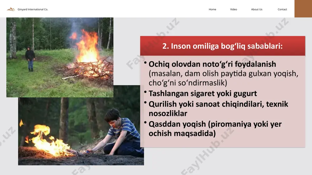 ashish o‘rmon yong‘inlariga qarshi kurashishda xalqaro tashkilotlar va davlatlar bilan hamkorlikni kuchaytirish. boshqa mamlakatlarning muvaffaqiyatli tajribalarini o‘rganish va o‘z tizimiga joriy etish. ginyard international co. contact about us video home xulosa o‘rmon yong‘inlarining oldini olish va ularni bartaraf etish uchun samarali choralar ko‘rish zarur. bunga o‘rmonlarni muntazam kuzatish, jamoatchilikni xabardor qilish, zamonaviy yong‘in o‘chirish texnikalarini joriy etish va tabiiy resurslarni tiklash dasturlarini amalga oshirish kiradi. bularning barchasi yong‘inlarning salbiy oqibatlarini kamaytirish va o‘rmon resurslarini asrab-avaylashga yordam beradi. umuman olganda, o‘rmonlardagi yong‘inlarga qarshi kurashishda xalqaro hamkorlik, zamonaviy texnologiyalar va ekosistemani muhofaza qilish choralari muhim rol o‘ynaydi. faqat shu tarzda o‘rmonlar va ularning ekotizimlarini saqlab qolish mumkin. ginyard international co. contact about us video home e’tiboringiz uchun rahmat image1.jpeg image2.png image3.svg image4.jpeg image6.jpeg image5.jpeg image8.jpeg image7.jpeg image10.jpeg image9.jpeg image11.jpeg image13.jpeg image12.jpeg image15.jpeg image14.jpeg image16.jpeg /docprops/thumbnail.jpeg