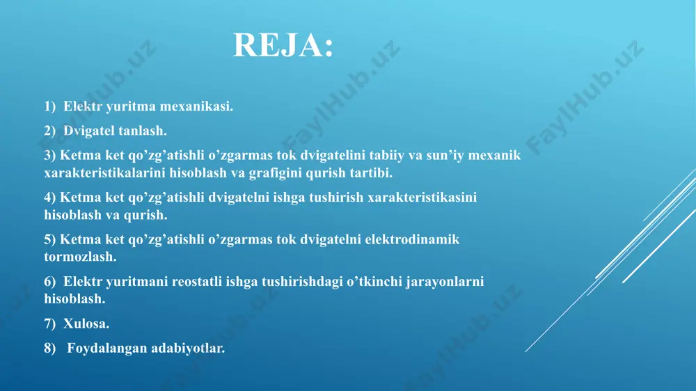 u tenglamalarni echimi o’tkinchi jarayondagi tezlik, tok va momrnt tenglamalarini beradi: ; ; bu erda,- tezlik, tok va momentni turg’un qiymatlari; - tezlik, tok va momentni boshlangich qiymatlari; t – o’tkinchi jarayon vaqti; tm - o’tkinchi jarayonning vaqtining doyimiysi. vaqtning elektromexanik doimiysi: - mustaqil qoʻzgʻatgichli dvigatel uchun: tm = (j∙ω0)/ mk = (j∙rς)/ (kf)2= (1.4∙170)/ 2.5*142=0.67 sek - asinxron dvigatel uchun: tm = (j∙ω0)/ mk = (j∙ω0∙sh)/ m oʻtkinchirejimvaqti har bir pog’ona uchun aniqlanadi ω(t)=ω_y (1-e^(-t/t_m ) )+ ω_b e^(-t/t_m )=54(1-e^(-0.33/0.67) )+ 0e^(-0.33/0.67)=27 rad/sek m(t)=m_y (1-e^(-t/t_m ) )+ m_b e^(-t/t_m ) =330(1-e^(-0.33/0.67) )+ 200e^(-0.33/0.67)=215 nm tabiiy xarakteristika bo’yicha yuritmani tezlanish vaqti tt = (3÷4) tm vaqtning 0dan ti qiymatlari uchun m va ω lar hisoblanadi va o’tkinchi jarayon grafiklari quriladi elektr yuritmani reostatli ishga tushirishdagi o’tkinchi jarayon grafiklari. yuritmani to’liq tushirish vaqti aniqlanadi tit = t1 + t2 + t3+…+ te =0.33+0.27+0.22+0.17=0.99sek elektr yuritmani tormozlashdagi o’tkinchi jarayonlarni hisoblash. tormozlashda ham …