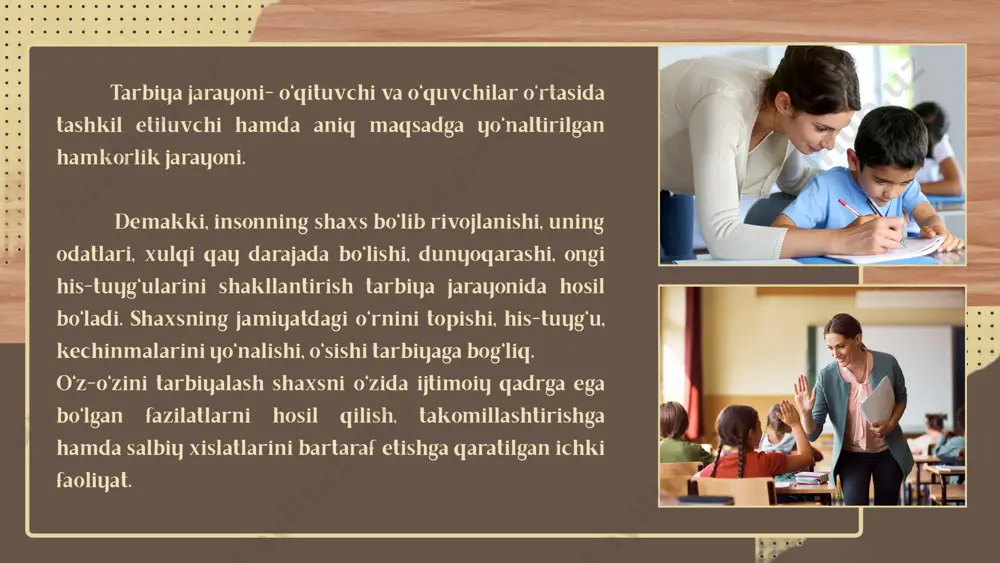 kuchlantirmoq, zehnimizni rivojlantirmoq lozim". bundan kelib chiqadiki, tarbiya berish ishini bola tug'ilgandan boshlash maqsadga muvofiqdir. insonga tarbiya hayoti davomida jamiyatdagi o'rnini belgilab beruvchi tushunchadir. shu o'rinda jahon adabiyoti vakili migel de servantesning "hushxulqli, yaxshi tarbiya ko'rgan kishi yaqinlari, yor-u do'stlari uchun misli o'chmas chiroqdir"-degan misralari ayni haqiqatdir. xalqni, millatni ravnaq topishi, rivojlanishi va aksincha, jaholatga yuz tutishi shakllanib kelayotgan "inson kapitali"ning marifati, manaviyati, ilmi va konikma darajasiga bog'liq. bu xususiyatlarni kamol toptirish uchun tarbiya jarayoni to'g'ri va to'liq holda olib borilishi darkor. tarbiya borasida sa'diy she'roziyning shunday misralari bor: minbarning poyida tursa ham eshshak, tarbiya yuqmaydi, bo'lmaydi odam. tarbiya ko'rmayin ulg'aysa kishi ,eshshak bo'lib qolur yuzga kirsa ham. xulosa qilib aytganda, faqatgina bir kishi uchun emas, insoniyat uchun tarbiyadan muhimroq tushuncha yo'q. xitoy donishmandi syun-szi "chaqaloqlar bir xil yig'laydi. katta bo'lganlarida esa turli qiliqlar qilishadi. bu- tarbiyaning oqibati", olmon faylasufi immanuel kant oz asarida "inson faqat tarbiya orqali inson bo'ladi, …
