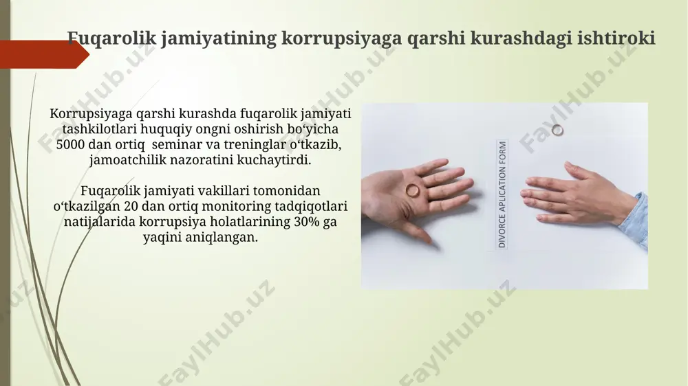 an, 100 dan ortiq nodavlat tashkilotlarining monitoring va hisobot berish orqali o'z hissasini qo'shishi muhim ahamiyat kasb etadi. korrupsiya holatlari haqida xabar berish mexanizmlarining samaradorligini oshirish uchun, masalan, "ishonch telefoni" xizmatlaridan foydalanish orqali 30% gacha korrupsiya holatlarini aniqlash mumkin. korrupsiyaga qarshi xalqaro hamkorlik jahon banki 2022-yilda korrupsiyaga qarshi kurashda 150 dan ortiq mamlakatga 2 milliard dollardan ortiq mablag' ajratgan, bu davlat boshqaruvi samaradorligini oshirishga qaratilgan. bmtning korrupsiyaga qarshi konvensiyasi (uncac) 180 dan ortiq davlat tomonidan ratifikatsiya qilingan bo'lib, huquqiy hamkorlik va tajriba almashinuvi orqali korrupsiyaga qarshi kurashni qo'llab-quvvatlaydi. korrupsiyaning sabablari va oqibatlari korrupsiya natijasida huquqiy davlat tamoyillari buziladi, adolatsizlik kuchayadi va fuqarolarning ishonchi pasayadi, bu esa ijtimoiy notinchlikka olib kelishi mumkin. korrupsiyaning asosiy sabablaridan biri – davlat organlarida shaffoflikning yetishmasligi va hisobot berish mexanizmlarining zaifligi bo'lib, bu esa 70% holatlarda poraxo'rlikka olib keladi. korrupsiyaga qarshi kurashda profilaktika ishlari korrupsiyaga qarshi kurashda davlat xizmatchilarining axloqiy-huquqiy bilimlarini oshirish bo'yicha o'tkazilgan treninglar soni …