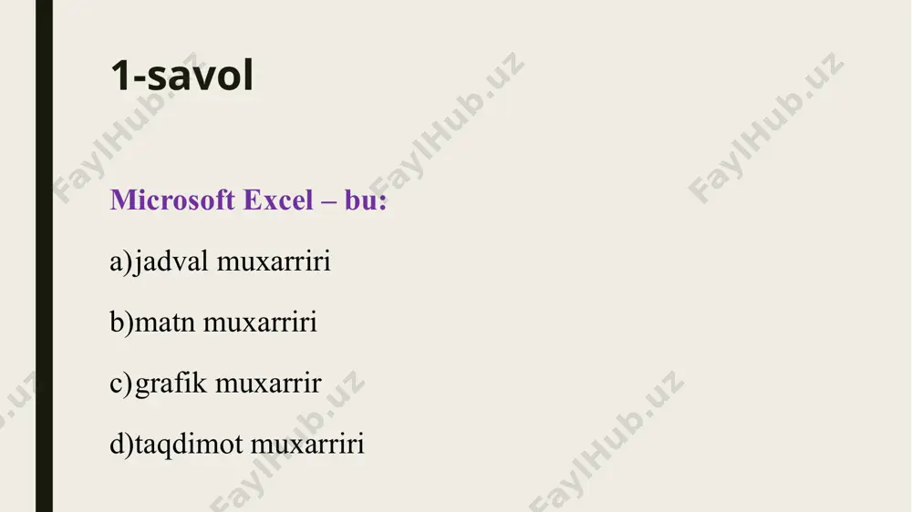 usxa olingan ma'lumotni qo'yish uchun qaysi tugmalarni birgalikda bosish kerak? ctrl+r va ctrl+shift ctrl+c va ctrl+insert ctrl+v va ctrl+shift ctrl+v va shift+insert 14-savol chiqarish qurilmasi -bu . . . displey va printer klaviatura va skaner sichqoncha skaner 15-savol microsoft word dasturida ctrl tugmasini bosib sichqoncha g'ildiragi aylantirilsa nima sodir bo'ladi? hujjat varaqlari almashadi kursorning joylashish joyi o'zgaradi hujjat masshtabi o'zgaradi matn o'lchami o'zgaradi 16-savol word da ctrl+z tugmasi qanday vazifani bajaradi? bajarilgan oxirgi amalni bekorqiladi belgilangan jadval ranglanadi belgilangan jadval qo'yiladi belgilangan matn qirqib olinadi 17-savol microsoft excel dasturida ustunlar qanday nomlangan? faqat kirill harflari bilan faqat grek harflari bilan faqat lotin harflari bilan faqat ispan harflari bilan 18-savol elektron jadvalda a1:b3 yacheykalar ajratilgan. ajratilgan yacheykalar soni nechta? 6 7 8 9 19-savol .=a1*25% ma'nosi nima ? a1 xonaning 25% hisoblash a1 xonaga 25% qo'shish a1 xonadan 25% ayirish a1 xonaga 25 qo'shib 1% hisoblash 20-savol raqamli ma’lumotlar qaysi sanoq …