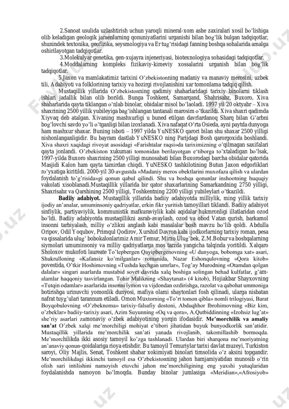qali drama teatri repertuaridan xalq sevib tomosha qiladigan «alpomish» spektakli olib tashlandi. mustakillik sharofati tufayli «suv sayli», «anor sayli», «qovun sayli», «uzum sayli» kabi bayramlarimiz qayta tiklandi. mazkur bayramlar to’kin-sochinlik, farovonlik, tinchlik, osoyishtalik ramzi sifatida, xalq orzulari, istaklari, intilishlari ifodasi sifatida qadrli sanalardi. quroni karimning o’zibek tiliga o’girilishi va nashr ettirilishi katta voqea bo’ldi. bugungi kunga kelib abu i̇so muhammad at-termiziyning «shamoili muhammadiya», nosiriddin burxoniddin rabgo’ziyning «xissai rabgo’ziy», axmad yassaviyning «hikmatlar» i, amir temurning «temur tuzuklari»ning chop etilishi milliy qadriyatlarimizni tiklash va rivojlantirish yo’lida katta yutuk bo’ldi. amir temur tavalludining 660 yilligi, i̇mom al- buxoriyning 1225 yilligi, al-fargoniyning 1200 yilligi, 1998 yil «alpomish» dostoni yaratilganining 1000 yilligi nishonlandi. yuqorida nomlari zikr etilgan ajdodlarimiz jaxon madaniyatiga munosib xissa ko’shganlar. i̇nsoniyat tarixi, aksiologik nuqtai nazardan, muayyan milliy-etnik qadriyatlarning vujudga kelishi, taraqqiyoti va tanazzuli, ularning o’rniga boshqalari vujudga kelishidan iborat murakkab muammo va jaraenlarni qamrab oladi. bunday qarash g’oyat muxim va dolzarb masalaga, …