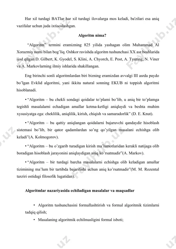 (a. markov). · “algoritm – bir turdagi barcha masalalarni echishga olib keladigan amallar tizimining ma’lum bir tartibda bajarilishi uchun aniq ko’rsatmadir”(m. m. rozental taxriri ostidagi filosofik lugatidan). algoritmlar nazariyasida echiladigan masalalar va maqsadlar · algoritm tushunchasini formallashtirish va formal algoritmik tizimlarni tadqiq qilish; · masalaning algoritmik echilmasligini formal isboti; · masalani klasfikatsiyalash (tasniflash), murakkab sinflarni aniqlash va tadqiq qilish; · algoritmning murakkabligini asimtotik tahlil qilish; · rekursiv algoritimlarni tadqiq qilish va tahlil qilish; · algoritmlarni qiyosiy tahlil qilish maqsadida mehnat xajmining oshkor funktsiyalarini olish; · algoritmlar sifatini qiyosiy baholash mezonlarini ishlab chiqish. algoritm tushunchasini formallashtirish ta’rif 1. algoritm - bu mumkin bo'lgan dastlabki berilganlar sinfi uchun umumiy bo'lgan muammoni hal qilish uchun bajariladigan elementar amallarning chekli ketma-ketligini belgilaydigan ma'lum bir tilda berilgan chekli ko’rsatmadir. masalaning boshlang’ich berilganlar sohasi (to’plami) d va mumkin bo’lgan natijalar to’plami r bo’lsin, u holda algoritm d ni r ga akslantiradi, ya’ni dr. bu akslantirish to’liq …