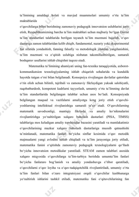 yalar asosida tubdan yangilanadi, ta’lim jarayoniga raqamli texnologiyalarni joriy etilib, yagona virtual muhit - axborot ta’lim platformasi ishga tushiriladi, va unga matematika fani bo‘yicha elektron kutubxona, darslarning o‘quv-uslubiy ta’minoti bilan bog‘liq bo‘lgan barcha electron resurslarni, video darslarni, virtual laboratoriya, multimediali interaktiv animatsion ilovalar joylanadi. kurs ishining maqsad va vazifalari: boshlang‘ich sinflarda matematika o‘qitish metodikasining xx-asrdagi taqaqqiyoti va boshlang‘ich to‘rt yillik ta’limga o‘tish haqidagi ma’lumotlarni umumlashtirish va qisqacha tavsiflash. kurs ishi ob’yekti va predmeti: boshlang‘ich sinflarda matematika o‘qitish metodikasi fan sifatida taraqqiyot bosqichlari. matematika o‘qitish metodikasining asosiy komponentlari: o‘qitish maqsadi, mazmuni, shakllari, metodlari, vositalari. kurs ishning tadqiqot uslubi va uslubiyoti: ilmiy ommabop manbalardan to’plangan ma’lumotlar tahlil qilib,xulosa va takliflar qilish. kurs ishi tuzilishi: bajarilgan kurs ishi kirish qismi, ikkita bobdan va qilingan xulosalardan iborat. ishda o’rganilishi e’tiborga olingan ma’lumotlar tushunarli ravishda ifodalash uchun chizma jadvallar va rasmlar berildi.ishga qo’yilgan maqsadga erishishi uchun to’plangan adabiyotlar manbalarning nomlari va elektron manzillari keltirildi. i …