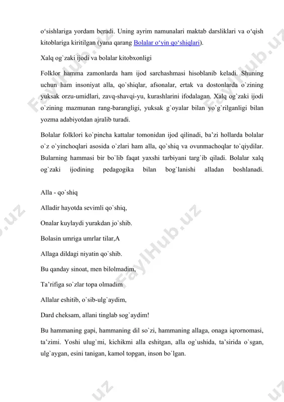 b olishga intiladi. e’tibor bering: tol beshikni tebratib, ona aytar qo`shig`in. qo`shiq bilan tebratar dunyoning tol beshigin. bu beshikda ulg`ayar necha ming, millionlar. ona mehri ziyosi yuraklarga yo`l olar. bu beshikda tinglashar mayin-mayin allalar. uchib o`tgan el bilan olam bo`ylab taralar. tol beshikni tebratib, ona aytar qo`shig`in. qo`shiq bilan tebratar dunyoning tol beshigin. maqol bolalar xalq og`zaki ijodida maqollar yetakchi o`rinda turadi. xalq yaratgan g`oyat ixcham, chuqur va tugal ma’noli gaplar maqol, deb yuritiladi. maqol xalqning, bir necha avlodlarning aqlu farosati hamda turmush tajribasining yakuni, ular donishmandligining mahsulidir. maqollarda hayotning achchiq-chuchugini tatib ko`rgan, turmushdagi hodisalarga aql ko`zi bilan qaraydigan, sof vijdonli, olijanob, mehnatkash kishining biror voqea-hodisadan, biror kishidan yoki biror ishdan chiqargan xulosasi bayon qilinadi. bu xulosa biror kishi uchun (ko`proq bolalar uchun) yo`l ko`rsatuvchi bo`lib xizmat qilishi mumkin. maqollar xalqning aql-idroki, ijtimoiy-tarixiy tajribasi, kurashi hamda mehnatining badiiy ifodasi sifatida yaratilib kelinmoqda. maqollar chuqur ma’noni ifoda eta bilishi, ixcham, pishiq …