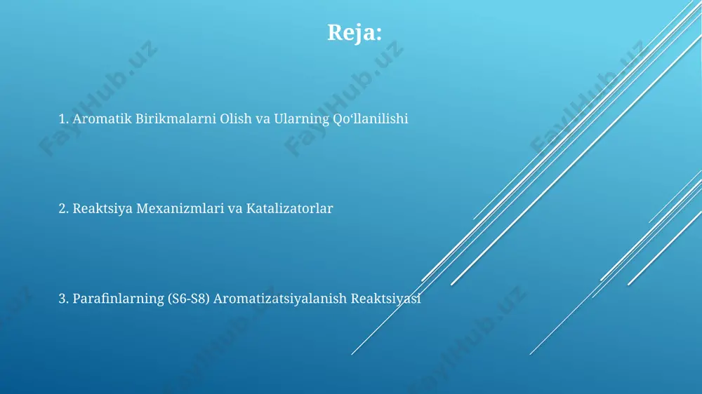 aning tartibi va kinetik parametrlari (aktivatsiya energiyasi, preeksponentsial omil) reaktor turiga (flyuidlashgan qatlamli, trubali), katalizator turi va uning faolligiga bog'liq bo'lib, 0.5-1.5 oralig'ida o'zgaradi. c7 parafinlarining aromatizatsiyasi c6 va c8 parafinlariga nisbatan yuqoriroq selektivlik va konversiyaga ega bo'lib, reaktsiya tezligining konversiya darajasiga bog'liqligini ifodalovchi kinetik tenglamada 0.8 tartibli kinetik modellar bilan yaxshi ta'riflanadi. c6-c8 parafinlarining aromatizatsiya reaktsiyasining kinetikasini o'rganishda, reaktsiya tezligining 500-600°s harorat oralig'ida sezilarli darajada oshishi kuzatiladi, bu aktivatsiya energiyasining yuqoriligini ko'rsatadi. katalizatorlar va ularning ta'siri pt-sn/al₂o₃ bifunksional katalizatorlari gidrokreking va aromatizasiya jarayonlarini birlashtirib, c₇-c₈ parafinlarining aromatik birikmalarga aylanish darajasini 75% gacha oshirishi mumkin. pt/al₂o₃ katalizatorlari c₆-c₈ parafinlarining aromatizasiya reaksiyasida yuqori faollik ko'rsatib, 800-900°c haroratda 60% dan ortiq aromatik hosilalar hosil bo'lishiga olib keladi. zeolitli katalizatorlar, masalan, zsm-5, selektiv aromatizasiyada yuqori samaradorlikka ega bo'lib, xomashyoda x-xil izomerlar hosil bo'lishini kamaytiradi va benzen, toluen va ksilen (btx) hosilini oshiradi. e'tiboringiz uchun rahmat @taqdimot_robot