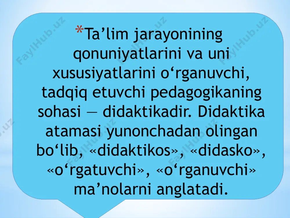 huntirish ta’lim jarayonini yanada mukammal tashkil etish, ta’lim tizimlari va texnologiyalarini ishlab chiqish ta’lim jarayoni uchun xos bo‘lgan umumiy qonuniyatlarni aniqlash, tahlil qilish va ta’riflash ta’lim prinsipi—ta’lim jarayonida amal qilinishi zarur bo‘lgan talab va qoidalar yig‘indisi. ta’lim mazmuni—o‘qituvchi tomonidan berilishi, o‘quvchilar tomonidan o‘zlashtirilishi lozim bo‘lgan bilimlar tizimi va axloqiy g‘oyalar to‘plamidir. ta’lim metodi—ta’lim maqsadiga erishish yo‘li va usuli. ta’lim shakli—o‘quvchilar miqdori, joy va vaqt bilan bog‘liq bo‘lgan ta’limni tashqi ko‘rinishidir. bosqichlar idrok etish bilimlarni egallash bosqichlari o‘quv materialini anglab yetish bilimlarni mustahkamlash bilimlarni amaliyotda qo‘llash ta‘lim jarayonining metodologik asoslari quyidagilar: o`zbekiston respublikasining ”ta‘lim to’g’risida” gi qonuni; sharqning buyuk mutafakkirlari forobiy, ibn sino, beruniy va boshqalarning ta’lim jarayoni, bilish faoliyati haqidagi fikrlari; falsafadagi dialektik bilish nazariyasi. 1-bosqich, o`quv materialini idrok qilishdan iborat. bunda o`quvchi-talaba ta‘limning mazmuni bilan tanishib, idrok qilib, o’zining bilish vazifalarini tushunib oladi. bunda sezgi, idrok, tasavvur kabi jarayonlar faol ishtirok etadi. 2-bosqich, ular o`quv materiallarini tushunib oladilar, uning …