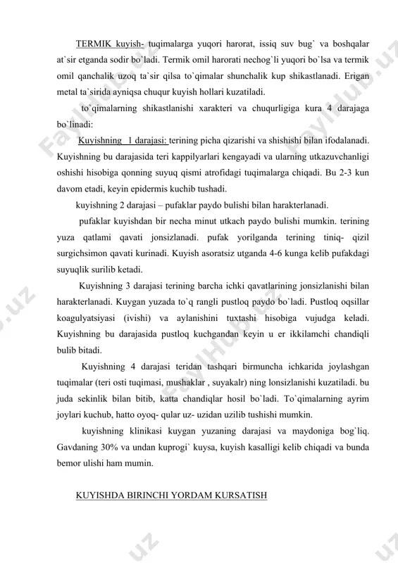 ishdir. kuyishda aseptic bog`lam quyiladi, og`riqsizlantiruvchi dori yoki narktiklar yuboriladi, gavdaning shikastlangan qismi immobilizatsiya qilinadi va shok profilaktikasi utkaziladi. agar havo sovuq bo`lsa bemor issiq qilib urab quyiladi va davolash muassasasiga olib boriladi. kimyoviy moddadan kuyishda uni kuchli suv oqimi bilan tez yuvib tashalsh, qoldiqlarni esa neytrallash kerak. kislotalarni neytrallash uchun 2% li soda eritmasi qullaniladi. qattiq kuyishda bu soxaga bur kukuki, kuydirilgan magneziydan mul qilib sepiladi. teriga yonib turgan fosfor bulakchalari tushganda gavdaning shu qismini suvga botirib turish, fosfor qoldig`ini pinset bilan olib tashlash kerak. shikastlangan sohaga 5% mis kuporosi eritmasiga xullangan bog`lam quyiladi yoki talk sepiladi. elektr tokidan shikastlanish elektr tokidan shikastlanish darajasi: a) tok kuchiga , uning kuchlanishiga , ta`sir qilish davomiyligiga , tokning doimiy va uzgaruvchanligiga: b) organizmning fiziologik holatiga, nerv sistemasiga , yurak – mushak holatiga , ta`sir mexanizmiga: v) organism va terining chidamligiga: g) tok ta`sir qilgan muhitga bog`liq. elektr travmada tuqimalarning mahalliy uzgarishlari …