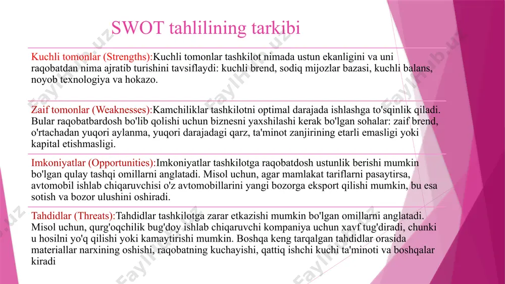 ning strategiya jarayonidagi o'rnini muhokama qiladi. david a. aaker: brend strategiyasi va brend equity (brendning qiymati) bo'yicha ishlari bilan tanilgan. swot tahlili uning asarlarida brendni tahlil qilishda qo'llaniladi. asar: building strong brands (1996) - bu kitobda brendni rivojlantirishda swot tahlilining rolini ko'rib chiqadi swot tahlilining maqsadi. swot tahlilining maqsadi — kompaniyaning kuchli tomonlari, imkoniyatlari, zaif tomonlari va tahdidlarini aniqlash orqali samarali strategiyalar ishlab chiqishdir. mijozning biznesining mustahkamligi va raqobatbardoshligini baholash.kamchiliklarni aniqlash va ularni bartaraf etish uchun strategiyalar ishlab chiqish.yangi imkoniyatlarni aniqlash va undan samarali foydalanish. xulosa swot tahlilining mijoz bilan ish yuritishda ahamiyati: swot tahlili orqali mijozlar bilan aloqalarni mustahkamlash va samarali strategiyalarni ishlab chiqish mumkin.kelajakdagi istiqbollar: swot tahlilining rivojlanish va raqobatbardosh bo'lishdagi rolini baholash.bu reja mijoz bilan ish yuritishda swot tahlilining xususiyatlarini batafsil va tizimli ravishda ko'rib chiqish uchun asos bo'ladi. olimlaning fikrlari va asalaridan xulosa qiladigan bo`lsak, swot tahlilining asosiy tamoyillarini tushuntirib, uning biznes strategiyalari, marketing, brend boshqaruvi …