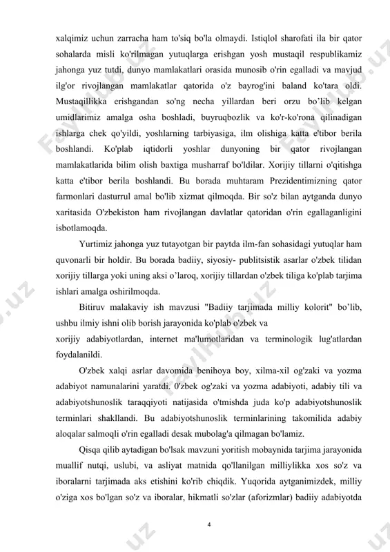 a yaratilgan asarlar hamda yosh tarjimon oybek ostonov va azamat azizovlar tomonidan nemis tiliga tarjima qilingan g’afur g’ulomning “shum bola” asari asosiy manbaa qilib olindi. amalga oshirilgan tarjimalarni asliyat bilan chog'ishtirish jarayonida bir qator o'zbek tarjimashunos olimlarining rnonografiya, maqola va ilmiy dissertatsiya ishlaridan foydalanildi. bmi maqsadi va vazifalari. bitiruv malakaviy ishimizning maqsadi tarjima tarixi, tarjima nazariyasi va amaliyoti sohasida bugungi kunga qadar erishilgan natijalarni umumlashtirish, badiiy tarjimada milliy kolorit hamda o'ziga xoslikni tadqiq etish orqali tarjima sifati va tarjimon mahoratini belgilovchi mezonlami aniqlashdan iborat. ushbu maqsadni amalga oshirish uchun quyidagi vazifalar qo'yilgan: ―o'zbekistonda badiiy tarjima tarixi va nazariyasiga oid asosiy holatlarni umumlashtrish; ―badiiy asarlar tarjimasida milliylikka xos bo'lgan birliklaming ahamiyati va ularni tilda qo'llanishi, o’zbek xalqining o'ziga xos xususiyatlarini tarjimada aks ettirish zaruratini ko'rsatib berish; ilmiy yangiligi sifatida shuni e'tirof etishimiz mumkinki, mavjud o’zbek xalqiga taalluqli bo'lgan xos so'zlar, muallif nutqi, milliylik bilan to'la sug'orilgan xos so'zlarni nemis, tilida qanday …