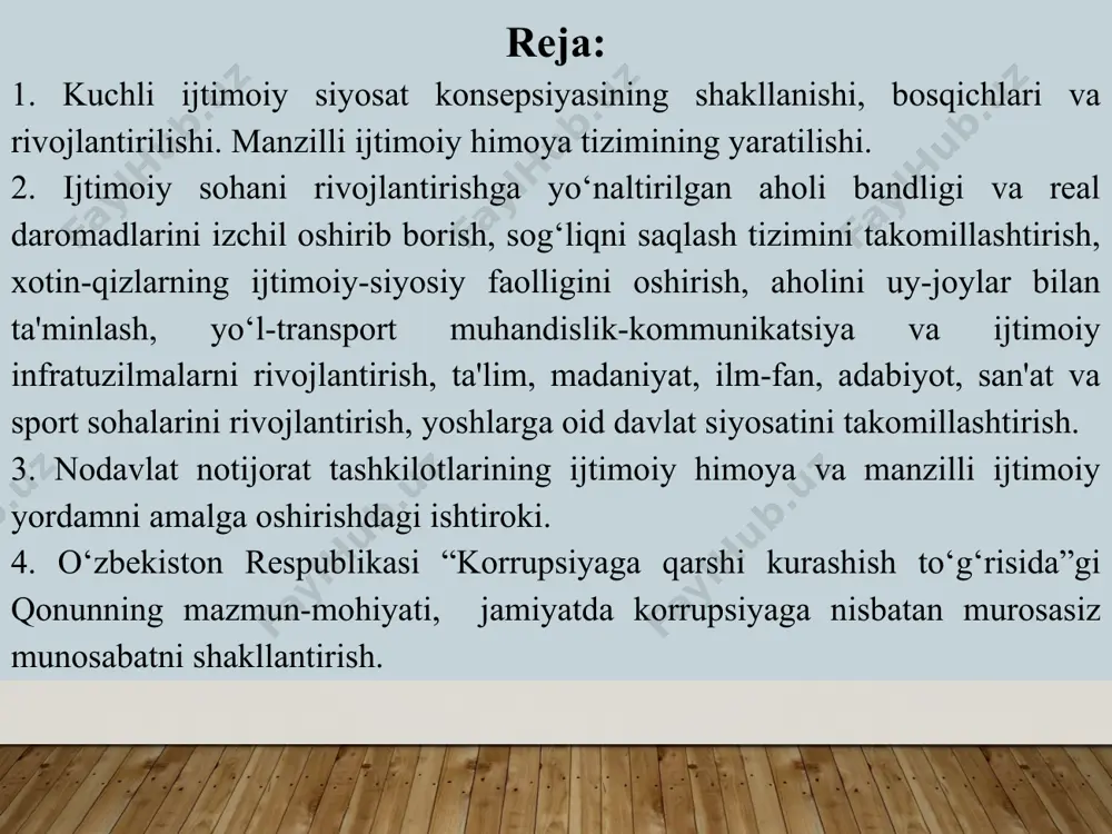 qo‘llanildi. 1991-1996-yillarda eng kam ish haqi va stependiyalardan soliq olinmaydigan bo‘ldi. korxonalarning o‘z xodimlariga ijtimoiy yordam ko‘rsatish sohasidagi harajatlaridan bir qismi budjet mablag‘lari hisobidan qoplanib turildi. keng iste’mol mollari va xizmatlarning ko‘pgina qismi bo‘yicha narxlardagi tafovutlarning o‘rni qoplandi. shu bilan birga qo‘shimcha ijtimoiy imtiyozlar ham joriy qilindi. masalan, boshlang‘ich sinf o‘quvchilari va yolg‘iz pensionerlar uchun bepul nonushtalar, 2 yoshgacha bo‘lgan bolalar uchun bepul ovqat, maktab o‘quvchilari va talabalar uchun ovqatning arzonlashtirilishi kabi imtiyozlar berildi. shuningdek, kupgina toifadagi fuqarolarga turarjoyi shaxsiy mulk qilib bepul berildi, ba’zi turdagi kommunal xizmatlar haqini to‘lashda yengilliklar joriy etildi va hokazo. o‘zbekistonda daromadlar nisbatini o‘zgartirish ish haqi, pensiyalar, stipendiyalarning, jamgarma banklaridagi aholi omonatlari stavkalarining eng oz miqdorlarini bir vaqtning o‘zida markazlashtirilgan tarzda qayta ko‘rib chiqish yo‘li bilan amalga oshirildi. 1995-yilda respublika davlat budjetining 29,3 foizi ijtimoiy-madaniy tadbirlarga, 21,8 foizi esa ijtimoiy himoyaga ajratildi. 1992-1998-yillar mobaynida ish haqi va pensiyalarning eng kam miqdori bir necha bor oshirildi. …