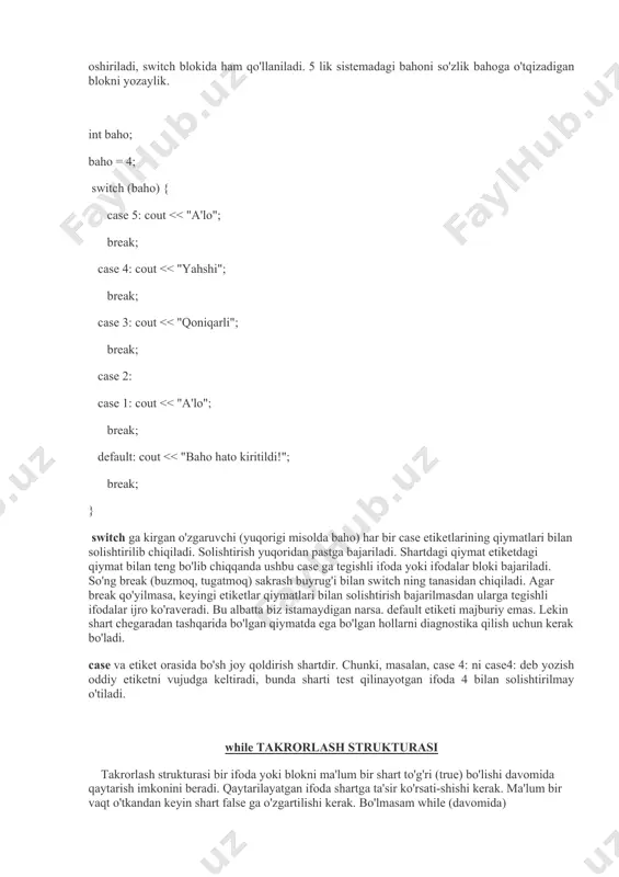 usiyati shundaki, ifodalar bloki {} qavslarga olinishi shart emas.blokning kirish nuqtasi case etiketi, chiqish nuqtasi esa break operatoridir. case '\n': case '\t': case ' ' : break; yuqoridagi dastur bloki qo'llanuvchi yanglish kiritgan yangi satr,tabulyatsiya va bo'shliq belgilarini filtrlash uchun yozilgan. eng ohirgi break ning majburiy emasligi-ning sababi shuki,break dan so'ng boshqa operatorlar yo’q, demak break qo'yilmagan taqdirda ham hech narsa bajaril-maydi.eof kiritilgandan so'ng while tugaydi, o'zgaruvchilar ekranga bosib chiqariladi.