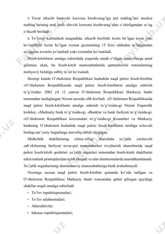 ari rivojlanish sharoitlarida naqd pulsiz hisob-kitob qoidalari xo’jalik organlari tomonidan hisob-kitob shakllarini erkin tanlash printsiplaridan kelib chiqadi va ular shartnomalarda mustahkamlanadi. xo’jalik organlarining shartnomaviy munosabatlariga bank aralashmaydi. nizomga asosan naqd pulsiz hisob-kitoblar qonunda ko’zda tutilgan va o’zbekiston respublikasi markaziy banki tomonidan qabul qilingan quyidagi shakllar orqali amalga oshiriladi: · to’lov topshiriqnomalari; · to’lov talabnomalari; · akkreditivlar; · inkasso topshiriqnomalari; · tijorat banklarining hisob-kitob cheklari; · plastik kartochkalar bo’yicha hisob-kitoblar. to’lovchi va mablag’ oluvchi orasidagi hisob-kitoblar shakli shartnoma asosida belgilanadi. hisob-kitob shakllari deyilganda, xuquqiy me’yorlarda ko’zda tutilgan, hisob-kitob hujjatining turi, hujjatlar aylanish tartibi, mablag’larni mol sotuvchi korxona hisobvarag’iga o’tkazish va yozish usuli bilan bir-biridan farq qiluvchi hisob-kitob turlari tushuniladi. hisob-kitoblarning alohida shakllarining mazmuni, ular bo’yicha hujjatlar aylanishini va operatsiyalar hisobi hamda rasmiylashtirilishini alohida paragraflarda ko’rib chiqamiz. 2-§. to’lov topshiriqnomalari bo’yicha hisob-kitoblar, ularning hisobi va rasmiylashtirilishi to’lov topshiriqnomasi bu to’lovchi korxonaning uning bankdagi depozit hisobvarag’idan pul mablag’larining ma’lum bir summasini boshqa mijozning …