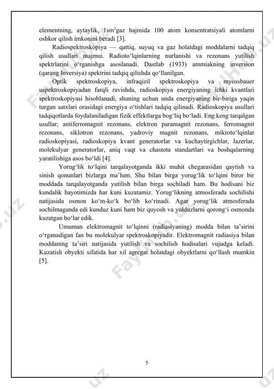 stlab (1933) ammiakning inversion (qarang inversiya) spektrini tadqiq qilishda qoʻllanilgan. optik spektroskopiya, infraqizil spektroskopiya va myossbauer uspektroskopiyadan farqli ravishda, radioskopiya energiyaning ichki kvantlari spektroskopiyasi hisoblanadi, shuning uchun unda energiyaning bir-biriga yaqin turgan satxlari orasidagi energiya oʻtishlari tadqiq qilinadi. radioskopiya usullari tadqiqotlarda foydalaniladigan fizik effektlarga bogʻliq boʻladi. eng keng tarqalgan usullar; antiferromagnit rezonans, elektron paramagnit rezonans, ferromagnit rezonans, siklotron rezonans, yadroviy magnit rezonans, mikrotoʻlqinlar radioskopiyasi, radioskopiya kvant generatorlar va kuchaytirgichlar, lazerlar, molekulyar generatorlar, aniq vaqt va chastota standartlari va boshqalarning yaratilishiga asos boʻldi [4]. yorug‘lik tо‘lqini tarqalayotganda ikki muhit chegarasidan qaytish va sinish qonunlari bizlarga ma’lum. shu bilan birga yorug‘lik tо‘lqini biror bir moddada tarqalayotganda yutilish bilan birga sochiladi ham. bu hodisani biz kundalik hayotimizda har kuni kuzatamiz. yorug‘likning atmosferada sochilishi natijasida osmon kо‘m-kо‘k bо‘lib kо‘rinadi. agar yorug‘lik atmosferada sochilmaganda edi kunduz kuni ham biz quyosh va yulduzlarni qorong‘i osmonda kuzatgan bо‘lar edik. umuman elektromagnit tо‘lqinni (radiasiyaning) modda bilan ta’sirini о‘rganadigan …