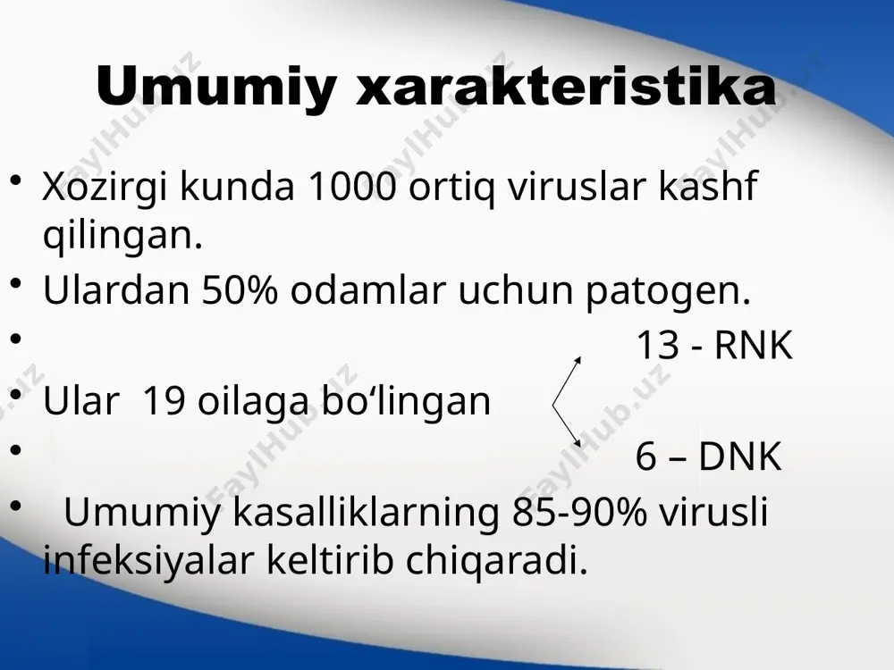 icha 100dan ortiq iti, ishchi vrachlar 10 ming (leningrad). hozirgacha gripp ustidan g‘alaba qozonilmagan. gripp virusining tasnifi gripp virusi- oilasi orthomyxoviridae. avlodi influenzievirus – 3 tipga ega. etiologiyasi o‘rganildi: 1933 y. – smit tomonidan burun yuvindisidan ajrtib olingan  «a». 1940 y. – frensis – tomonidan aniqlangan  «v». 1949 y. – teilor – tomonidan aniqlangan «s». gripp virusining tasnifi tuzilishi bo‘yicha murakkab viruslarga kiradi, tarkibida: rnk + kapsid + superkapsid. superkapsid ustida o‘simtalar joylashgan -glikoproteidlar. ularning tarkibi: gemagglyutinin /h1 – h15/ iz 3x mol. oqsil. neyraminidaza /n1 – n2/ iz 4x mol. oqsil. gripp virusining tasnifi h–antigeni yordamida epiteliyaga adsorbsiyalanadi. n–antigeni yordamida virus xujayraga kiradi «h» antigenlarning asosiy xususiyati genetik jihatdan tez o‘zgarib turadi. dreyf usulida ma'lum qismi o‘zgaradi. shift usulida to‘liq antigeni o‘zgaradi/h1 h2/. asosan o‘zgarish «a» antigenida kuzatiladi. gripp virusining tasnifi aniqlanishicha xar 20 yilda «h»antigeni o‘zgarib turadi «h» ning to‘liq o‘zgarishi 50-60 yildan keyin bo‘ladi va …