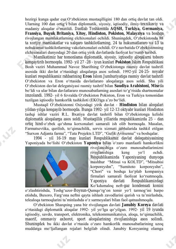 an borib, jahon banki, xalqaro valyuta fondi, xalqaro moliya korporatsiyasi, iqtisodiy taraqqiyotga ko‘maklashuv tashkiloti va boshqa moliyaviy, iqtisodiy tashkilotlarga a’zo bo‘lib kirdi va ular bilan hamkorlikni yo‘lga qo‘ydi. shu bilan birga o‘zbekiston bmt doirasidagi ixtisoslashgan muassasalar jahon sog‘liqni saqlash tashkiloti, xalqaro mehnat tashkiloti, jahon intellektual mulk tashkiloti, bmt ning bolalar fondi, xalqaro pochta ittifoqi, elektr aloqasi bo‘yicha xalqaro ittifoq, jahon meteorologiya tashkiloti, xalqaro olimpiya qo‘mitasi kabi yana bir qancha tashkilotlarga a’zo bo‘ldi. “shanxay xalqaro hamkorlik tashkiloti”ga o‘zbekiston 2001-yilning iyun oyida a’zo bo‘ldi. unda xitoy, rossiya, qozog‘iston, qirg‘izston va tojikiston respublikalari ham doimiy a’zodirlar. bugungi kunda izchil faoliyat ko‘rsatayotgan xalqaro siyosiy-iqtisodiy tashkilotlar xaqida so‘z yuritilganda, shubhasiz, birinchi navbatda shanxay hamkorlik tashkiloti tilga olinmoqda. dastlab “shanxay beshligi” deb nomlangan bu tashkilotga 2001-yilda o‘zbekiston respublikasi a’zo bo‘lib qo‘shilgach, “shanxay hamkorlik tashkiloti” deb ataladigan bo‘ldi. ayni paytda unga rossiya federatsiyasi, xitoy xalq respublikasi, o‘zbekiston, qozog‘iston, tojikiston va qirg‘izston respublikalari rasman a’zodirlar. shanxay hamkorlik tashkilotining …