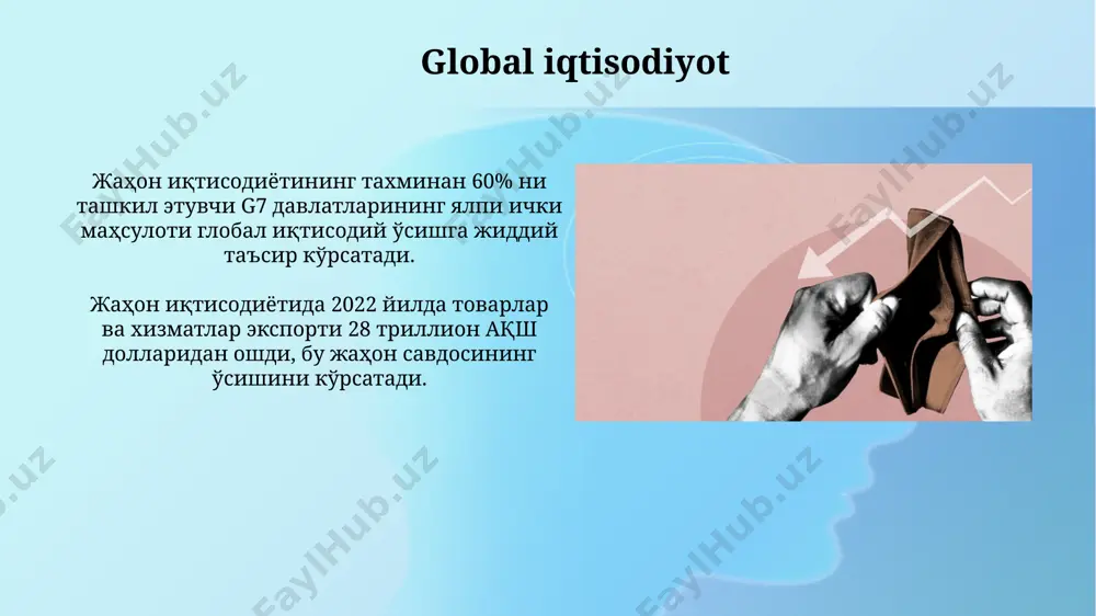 ri iqtisodiyotning 60% gacha bo'lgan qismini nazorat qilishi mumkin, qolgan qismi esa erkin bozor mexanizmlariga bog'liq. aralash iqtisodiyotda inflyatsiya darajasi, ishsizlik darajasi va yalpi ichki mahsulotning o'sishi o'rtasidagi muvozanatni saqlashga 20% gacha resurslar sarflanishi mumkin, ammo bu foiz davlat siyosatiga bog'liq. davlatning iqtisodiyotdagi roli so'nggi 5 yil ichida davlat tomonidan amalga oshirilgan 30 dan ortiq iqtisodiy islohotlar, bozor mexanizmlarini mustahkamlash va raqobatbardoshlikni oshirishga qaratilgan. davlatning iqtisodiyotdagi roli yalpi ichki mahsulotning (yaim) 15-20% ini tashkil qiluvchi davlat sektorining faoliyatini tartibga solish va nazorat qilishdan iborat. iqtisodiy o'sish va rivojlanish iqtisodiy o'sish yaimning 5% dan ortiq o'sishi bilan tavsiflanadi, lekin bu rivojlanishni to'liq aks ettirmaydi, chunki ijtimoiy ko'rsatkichlarni hisobga olmaydi. inson taraqqiyoti indeksi (iti) kabi ko'rsatkichlar iqtisodiy o'sish bilan birga sog'liqni saqlash, ta'lim va boshqa omillarni ham baholash orqali rivojlanish darajasini aniqroq aks ettiradi. e'tiboringiz uchun rahmat @taqdimot_robot image2.jpg image3.jpg image4.jpg image5.jpg image6.jpg image7.jpg image8.jpg image9.jpg image10.jpg image11.jpg image12.jpg image13.jpg image1.png