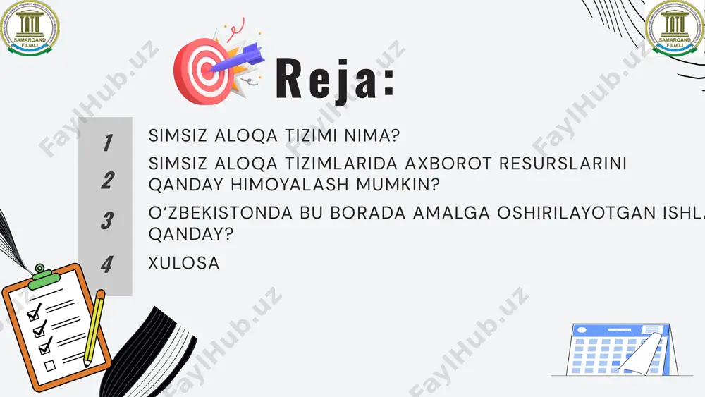 aynan shunday hodisalardan so'ng axborot resurslarini himoyalash muhim masalaga aylandi. quyida ayrim muhim voqealar keltiriladi: 1. 1903-yil marconi va nevil maskelyne voqeasi bu voqea simsiz aloqaning tarixidagi dastlabki buzilish holatlaridan biri sifatida qayd etiladi. guglielmo marconi o'zining yangi simsiz telegraf tizimini london jamoatchiligiga namoyish qilayotganda, britaniyalik muxbir va havaskor radio operator nevil maskelyne uning signalini buzib, o'z xabarlarini uzatishga muvaffaq bo'ldi. sabab: marconi simsiz tizimlarining signal uzatish jarayoni zaif va himoyasiz edi. natija: bu voqea simsiz tizimlarning xavfsizlik masalalarini jiddiy ko'rib chiqishga turtki bo'ldi. 2. edward snowden fosh qilgan voqealar (2013-yil): edward snowden aqshning nsa (milliy xavfsizlik agentligi) tomonidan odamlarning internet va simsiz aloqa tizimlarini kuzatayotgani haqida maxfiy ma'lumotlarni fosh qildi. muammo: bu hodisa simsiz va global tarmoqlardagi maxfiylik va xavfsizlik masalalarini ochib berdi. natija: shundan so'ng ma'lumotlarni shifrlash usullari va tarmoq xavfsizligi bo'yicha yangi texnologiyalar joriy qilina boshladi. 3. o‘zbekistonda bu borada amalga oshirilayotgan ishlar qanday? o‘zbekiston hukumati choralari …