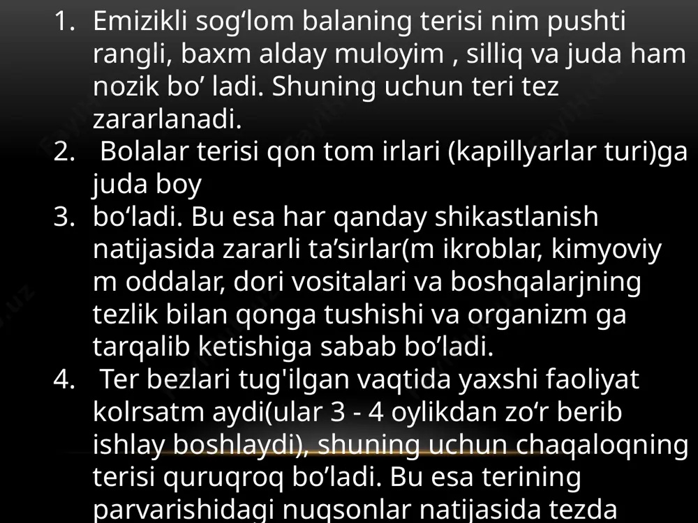 bolalar suyak tizimining rivojlanishida katta ahamiyatga ega. 11. terining sezgi a’zosi sifatidagi vazifasi markaziy asab tizimining asta-sekinlik bilan mukammallashib borishiga bog’liq bo’lib, yangi tug‘ilgan bolalar terisi aksariyat tashqi ta ’sirlarni sezadi, lekin javob reaksiyalari hali yetarli darajada bo’lmaydi. 12. teriosti yog’ qatlami sog’lom tug’ilgan bolalarda yaxshi rivojlangan, bu o’z navbatida bolalarda issiqlikning saqlanishida, zaxira ozuqa sifatida katta ahamiyatga ega.lekin go‘dak bolalarning teriosti yog’ qatlami tarkibidagi yog’lar suyuqlanish nuqtasi birmuncha yuqoriroq bo’lgan yog’ kislotalardan iborat bo’lganligidan, ularning teriosti yog’ qatlami sovuq ta’sirida yoki og’ir patologik jarayonlar natijasida tezgina qotib qolishi kuzatiladi. chaqaloqning boshi katta va odatd a dumaloq bo’ladi. bosh suyaklarining choklari hali bir-biri bilan suyaklanib ketmagan, peshona suyagi va tepa suyaklari birlashgan joyda rombsim on katta liqildoq , tepa suyaklari bilan ensa suyagi orasida esa kichik uchburchaksimon liqildoq hosil bo’lgan bo’ladi. k atta liqildoqnin g kattaligi taxm inan 2 x 2,5 sm bo’lib, bola hayotining 12 -1 6 oyiga kelib …