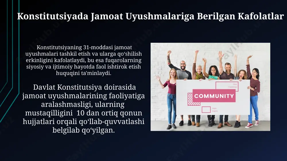 stitutsiyaga muvofiq, diniy, siyosiy yoki boshqa xil uyushmalarni ro‘yxatdan o‘tkazish va faoliyatini amalga oshirish uchun 10 dan ortiq a'zoning bo‘lishi talab qilinishi mumkin. nodavlat notijorat tashkilotlari va ularning huquqiy holati nntlarning faoliyati o‘zbekiston respublikasi fuqarolik kodeksining 4-bo‘limi, 100 dan ortiq moddasi bilan tartibga solinadi, bu ularning mulkiy huquqlari va majburiyatlarini aniqlaydi. davlat tomonidan nntlarga 3 yildan kam bo‘lmagan muddatga ruxsatnomalar beriladi va ularning moliyaviy hisobotlarini taqdim etish majburiyati mavjud, bu esa davlat nazoratini ta'minlaydi. jamoat uyushmalarining konstitutsiyaviy himoyasi konstitutsiya jamoat uyushmalarining faoliyatiga davlat aralashuvining chegaralarini aniq belgilaydi, 18-modda esa fikr va soʻz erkinligini himoya qilib, bu faoliyatni qoʻllab-quvvatlaydi. oʻzbekiston respublikasi konstitutsiyasining 25-moddasi fuqarolarning jamoat birlashmalari tuzish huquqini kafolatlaydi, bu ularning ijtimoiy-siyosiy faolligini ta’minlashda muhim ahamiyat kasb etadi. siyosiy partiyalar va boshqa jamoat uyushmalari qonunchilikka koʻra, 20 dan kam a’zosi boʻlgan jamoat uyushmalari, oʻz faoliyatini davlat ro'yxatidan o'tkazmasdan ham amalga oshirishlari mumkin, biroq ular cheklangan huquqlarga ega bo'ladilar. “siyosiy partiyalar va …