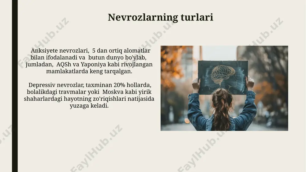 alik davrida, 10 yoshgacha aniqlanadi va ko'pincha, amerika qo'shma shtatlari kabi rivojlangan mamlakatlarda yaxshi tashxis qo'yiladi. obsessiv-kompulsiv buzilishlarning 70% gacha bo'lgan hollari, genetik omillar, ya'ni ota-onalardan bolalarga o'tuvchi irsiy moyillik bilan bog'liq bo'lib, kanadadagi tadqiqotlar buni tasdiqlaydi. ong, ong osti va ongsiz "ong, ong osti va ongsiz" tushunchasi 19-asr oxiri, 20-asr boshlarida avstriya, ayniqsa, vena shahrida psixologiya va psixiatriya sohasida paydo bo'lgan va 3 ta asosiy ong holatini ta'riflaydi. ushbu model, sigmund freudning psixodinamik nazariyasining asosini tashkil etib, inson xatti-harakatlarini ong (10%), ong osti (50%) va ongsiz (40%) qismlarining o'zaro ta'siri orqali tushuntiradi. nevrozlar haqida umumiy ma'lumot nevroz belgilari individual ravishda farq qiladi, ammo umumiy alomatlar orasida uyqusizlik, 6 oydan ortiq davom etadigan xavotir, jismoniy ogʻriqlar va depressuv xususiyatlar kuzatiladi. nevrozlarning kelib chiqishi, oʻrtacha 25-35 yosh oraligʻida, genetik moyillik, bolalik davridagi psixotravmalar va london kabi yirik shaharlarda stress darajasi yuqori boʻlgan muhit omillari bilan bogʻliq. e'tiboringiz uchun rahmat @taqdimot_robot image1.jpg …