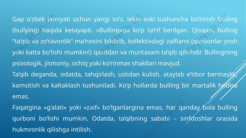 bu shaxsan yoki internet orqali zo‘ravonlik/bullingga ham tegishli bulishi mumkin. 4. qo‘llab-quvvatlash tizimiga aylaning. farzandingiz uchun, zo‘ravonlik/bullingga qarshi kurashishda o‘z ota-onasining qo‘llab-quvvatlashi juda muhimdir. farzandingizga u har qanday vaqtda siz bilan gaplashishi mumkinligini bildiring va unda hammasi yaxshilanishiga ishonch hosil qilishga harakat kiling. e`tiboringiz uchun rahmat tayorladi: sarimsoqova durdona image1.jpg image2.jpg image3.jpg