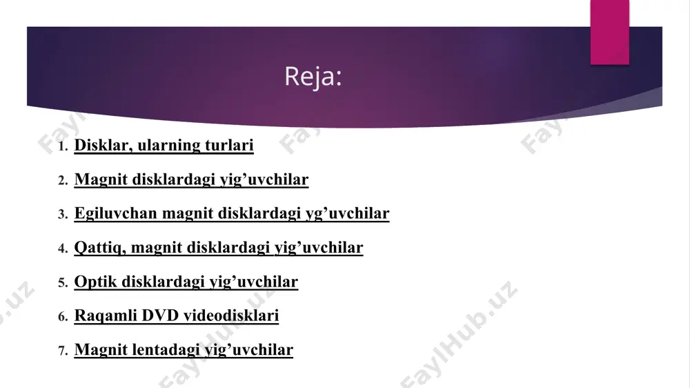ardagi dvd (digital versatile disk) yig’uvchilar va b. 2. magnit disklardagi yig’uvchilar magnit disklar ( md ) malumotlarni magnitli mashinali tashuvchilarga kiradi. eslab qoluvchi muxit sifatida ularda maxsus xossalarga (to’g’ri burchakli gisterezis ilmog’i) ega bo’lgan magnit materiallar ishlatilib ular ikki magnit holatni - magnitlanganlikning ikki yo’nalishini qayd qilish imkonini beradi. bu holatlardan har biriga ikkilik raqamlar - 0 va 1 mos keltiriladi. md dagi yig’uvchilar (mdy) shk dagi eng ko’p tarqalgan tashqi eslab qolish qurilmalaridir. ular qattiq va egiluvchan, almashtiriladigan va shk ga sozlangan bo’ladi. hamma disklar: magnitli ham, optik ham o’zining diametri bilan, yoki boshqacha aytganda, form-faktor bilan tavsiflanadi. 3,5" form-faktorli disklar kichik o’lchamlarga ega bo’lgani holda katta sirimga, kichik murojaat qilish vaqtiga va qiymatlarni qatorasiga o’qishning yuqori tezligi (transfer), yuqoriroq ishonchlilik va ko’p vaqtga chidash qobiliyatlariga ega. 3,5" (89 mm) va 5,25" (133 mm) form-faktorli disklar eng ko’p tarqalgan. magnit disklar md dagi malumot koncentrik aylanalar - yo’lkalar …