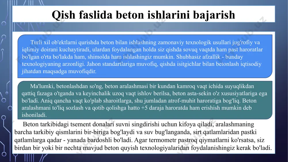 mi, davomiyligi, shuningdek, beton qorishmasi yotqiziladigan qurilish bloklari, konstruktsiyalari o’lchamlari va shakllariga bog’liq ravishda tanlanadi. yirik, qalin qurilish bloklaridagi betonga nisbatan, yupqa konstruktsiyalardagi betonlar tanasi ancha tez soviydi. umuman olganda bunday hollarda beton sirti moduli ko’rsatkichidan foydalanish maqsadga muvofiqdir va bu ko’rsatkich quyidagicha aniqlanadi: fb. – betonlashtiriladigan qurilish blokining umumiy yuzasi, m2; wb. – betonlashtiriladigan blok hajmi, m3; qish faslida beton ishlarini bajarishda qo‘llaniladigan chora-tadbirlar agar, m 5 bo’lsa yupqa konstruktsiyalar deb qabul qilinadi. xulosa suv xo’jaligida keng ko’lamda qo’llaniladigan, portlantsement, shlakoportlandtsement, putstsolin va tezqotuvchan portlandtsementlardan tayyorlanadigan gidrotexnik betonlarni tayyorlashda betonqorgichlardan chiqadigan tayyor qorishmaning harorati 30…+350s dan oshmasligi kerak. buning uchun qorishmani tayyorlashda qo’llaniladigan suv harorati +60…+80 0s atrofida bo’lishi lozim va betonqorgichga materiallarni yuklash, ularni aralashtirish quyidagi tartibda amalga oshiriladi. dastlab bir vaqtning uzida belgilangan suv miqdorining yarmi betonqorgichga quyilib, yirik to’ldiruchilar bilan baraban bir necha marta aylantirilib (bunda suv harorati ancha pasayadi), mayda to’ldiruvchilar va sement qo’shiladi. tayyorlangan …