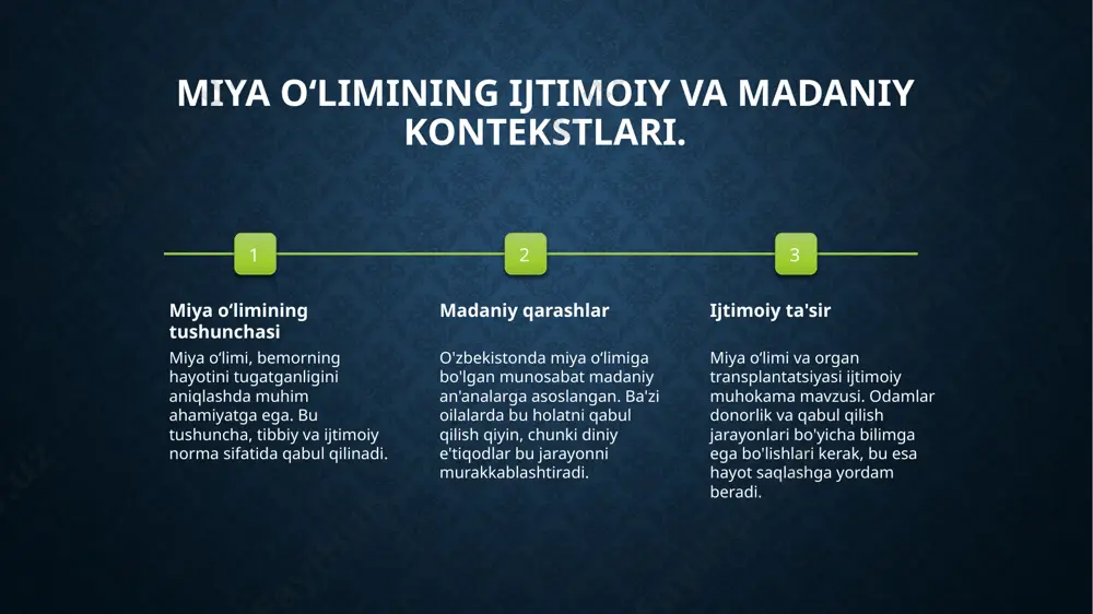 organ donorligi va transplantatsiyasi haqida tushunchaning yetarli emasligi, donorlikka ijobiy munosabatni kamaytiradi, bu esa donorlarning kamayishiga olib keladi. 04 ta'lim va malaka tibbiyot oliy o'quv yurtlarida organ transplantatsiyasi bo'yicha ta'limning yetishmasligi, mutaxassislarning malakali bo'lishini qiyinlashtiradi va amaliyotni cheklaydi. xulosa miya oʻlimi tushunchasi miya oʻlimi, inson organizmida doimiy va qaytmas o'zgarishlarni anglatadi. bu jarayon, bemorlarning hayotini saqlab qolish uchun muhim ahamiyatga ega. diagnostika va mezonlar miya oʻlimining aniqlanishi uchun tibbiy mezonlar va talablarga amal qilish zarur. bu jarayon, ilg'or texnologiyalar va mutaxassislar tomonidan amalga oshiriladi. etik masalalar va yechimlar donorlik va qabul qiluvchilar huquqlari, organ transplantatsiyasi jarayonida muhim ahamiyatga ega. o'zbekistonda bularni hal etish uchun yangi yechimlar zarur. foydalanilgan adabiyotlar 1. askarov a. miya oʻlimi va uning tibbiy ahamiyati. oʻzbekiston tibbiyot akademosi, 2022 2. saidov r. miya oʻlimini aniqlash mezonlari. oʻzbekiston tibbiy jurnali, 2023 3. jumaniyozov s. organ transplantatsiyasi va miya oʻlimi: etik masalalar. oʻzbekiston etika jurnali, 2021 4. xolmatov m. …