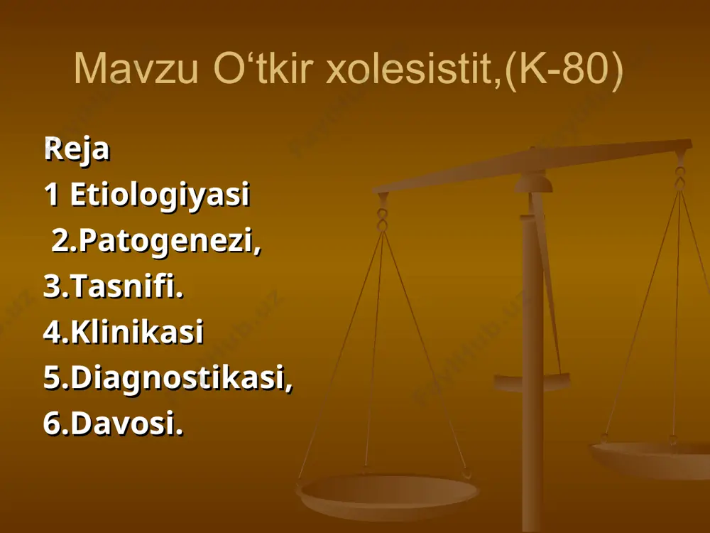 нг қовурға равоғи остидаги оғриқ, кўнгил айниши, оғизда аччиқ таъм сезгиси, жиғилдон кайнаши, зарда бўлиш, қайт қилиш (қусиш), оғриқларни овқатланишга боғлиқлиги, қориннинг дам бўлиши, ўт пуфагининг нормал манзараси (узи) 1. ўт қопи бўшлиғи 2. ўт қопи девори 3. ўт қопи йўли 4. жигар тўқимаси ўт пуфагидаги тошлар (узи) холецистография (ўт қопида иккита йирик тош) 1. ўт қопи 2. тошлар 3. қовурға - организм учун нур зарари, - беморни текширувга тайёр-лашнинг лозимлиги, - контраст моддани доимо ҳам ўт йўлларида тўпланмаслиги, фаолияти бузилган ўт қопига контраст модда йиғилмайди. салбий томонлари компьютер томография ўтк асоратлари холедохолитиаз, механик сариқлик, ўткир панкреатит, холангит, ўтли тарқалган перитонит, жигар етишмовчилиги, жигар ва диафрагма ости соҳасининг абсцесслари. консерватив даволаш (муолажа) усуллари: даволаш усули камчилиги, салбий томони медикаментоз литолитик муолажа даволаш муддати (1-4 йил) самарадорлиги 50% қарши кўрсатмаларнинг кенглиги (атиги 20% беморларга кўрсатилган экстракорпорал литотрипсия қарши кўрсатмаларнинг кенглиги: тошнинг 2 смдан катта бўлмлиши ёки 1 смли 3 дона тош …