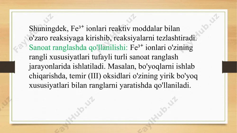 ofotometr kifoya qiladi tejamkorligi: sulfosalisil kislotasi va yordamchi reagentlar nisbatan arzon va keng tarqalgan tezkorligi: reaksiyaning qisqa vaqt ichida kechishi natijalarni tez olish imkonini beradi sezgirligi va aniqligi: kichik konsentratsiyadagi fe³⁺ ionlarini aniqlash imkoniyati mavjud foydalanilgan adabiyotlarg'ofurov m.m., xasanov n.m. — analitik kimyo. 1-qism. toshkent: o‘qituvchi, 2007. g'ofurov m.m., xasanov n.m. — analitik kimyo. 2-qism. toshkent: o‘qituvchi, 2008. perpiyev yu.a. — reagentlarning fizik-kimyoviy xossalari. toshkent: fan, 1995. джеймс а.м. — аналитическая химия. физико-химические методы анализа. м.: мир, 1976 .соколов а.и. — фотометрические методы анализа. м.: химия, 1984. e'tiboringiz uchun rahmat image7.jpeg image3.png image4.png /docprops/thumbnail.jpeg