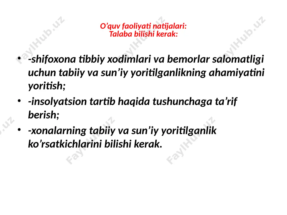 okxonalardagi uxlash xonalari 3.auditoriyalar, sinflar, o’quv kabinetlari va laboratoriyalar 4.rekratsiya va sport zallari 5.bolalar bogchalari yaslilardagi o’yin xonalari 6.operatsiya xonalari 7.shifokorlar kabinetlari 8.kasalxona va sanatoriylar palatalari 9.diagnostik laboratoriyalar 10.kasalxona va maktablardagi asosiy yo’laklar va o’tish yo’llari 75 100 300 150 200 400 200 75 300 100 30 50 150 75 100 200 100 30 150 30 amaliy qism yorug’lik koeffitsientini aniqlash № tadbir bajarmadi to’liq to’g’ri bajardi 1. derazaning oynalangan qismining maydoni o’lchash 0 40 2. polning maydonini o’lchash 0 30 3. xona uchun yorug’lik koeffitsientini hisoblash 0 30 jami 100 tabiiy yoritilganlik koeffitsientini aniqlash № tadbir bajarmadi to’liq to’g’ri bajardi 1. lyuksmetrning qabul qiluvchi qismi fotoelementga x 10 filtrni qoplash 0 5 2. lyuksmetrning qabul qiluvchi qismini gorizontal ishchi yuzaga joylashtirish 0 2 3. 30 diapozonining knopkasini bosish 0 3 asbobning pastki shkalasidagi ko’rsatkichlarni olish 0 10 o’lchashlarni 3ta kam bo’lmagan nuqtalarda o’tkazish 0 25 xona ichidagi o’rtacha tabiiy …