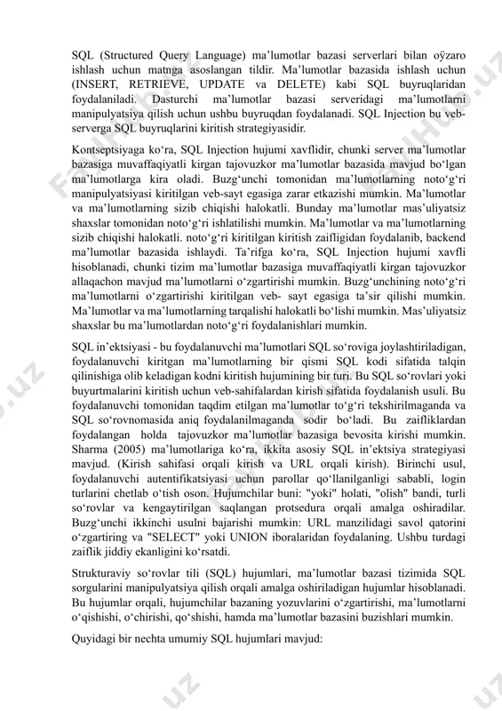 oki ma’lumotlarni olishlari mumkin. brute force (chet elchilik): bu hujum turi ma’lumotlar bazasidagi foydalanuvchi nomi va parolini aniqlovchi kuchli parollar tо‘plamini ishlatish asosida bajariladi. hujumchilar dastlab foydalanuvchi nomi va parolni aniqlovchi sо‘rovlar yuborish orqali kirish urinishini tekshirish uchun kuchli parol tо‘plamlarini foydalanishadi. database enumeration (ma’lumotlar bazasini korsatish): hujumchilar ma’lumotlar bazasidagi ob’ektlarni (jadvallar, ustunlar va indekslar) aniqlash uchun strukturaviy sо‘rovlar (masalan, show tables, show columns, select) ishlatishlari mumkin. bu ma’lumotlar hujumchilarga ma’lumotlar bazasining tuzilishini va ma’lumotlarni kiritish uchun zarur bо‘lgan maydonlarni aniqlashda yordam beradi. database privilege escalation (ma’lumotlar bazasi huquqiy kо‘tarilishi): bu hujum turi ma’lumotlar bazasidagi foydalanuvchi tomonidan ma’lumotlarga yoki bazaning boshqaruv operatsiyalariga kirish huquqining qaytarilishi orqali amalga oshiriladi. hujumchilar foydalanuvchining о‘zinga etarli bо‘lmagan huquqini yuksaltish orqali ma’lumotlarni о‘qish, о‘zgartirish, о‘chirish yoki bazaning boshqaruv operatsiyalarini amalga oshirishlari mumkin. birlamchi xavfsizlik muammosi ma’lumotlar bazasi tomonidan qо‘llab- quvvatlanadigan veb-ilovalarda sql in’ektsiya hujumi (sqlia) tomonidan yuzaga keladi. ushbu ekspluatatsiya tajovuzkorlarga ilovaning asosiy ma’lumotlar bazasiga …