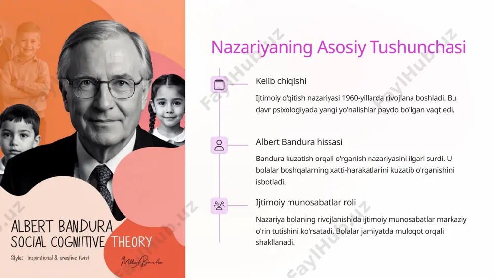 irinchi bosqichidir. eslab qolish kuzatilgan xatti-harakatlarni bola xotirasida saqlaydi. bu jarayon aqliy obrazlar shaklida bo'ladi. takrorlash va reproduktsiya bola ko'rgan narsalarini amalda takrorlaydi. tajriba orqali ko'nikmalar shakllanadi. motivatsiya bolaning xatti-harakatlarini takrorlash istagi muhimdir. ijobiy natijalar motivatsiyani oshiradi. 5 ijtimoiy ta'sir mexanizmlari oila roli oila bolaning birinchi va eng muhim ijtimoiy muhitidir. ota-ona munosabatlari modellarni yaratadi. ta'lim muassasalari maktab va bog'chalar rasmiy ijtimoiylashuvni ta'minlaydi. o'qituvchilar muhim ijtimoiy modellardir. qarindoshlar va tengdoshlar do'stlar va tengdoshlar guruhi bolalarga kuchli ta'sir ko'rsatadi. ular qadriyatlarni shakllantiradi. 6 psixik rivojlanishda ijtimoiy kompetentlik ijtimoiy ko'nikmalar bosqichlari o'zaro munosabatlarni o'rganish hamkorlik qilish ko'nikmalari muammolarni hal qilish usullari emotsional intellekt o'z hissiyotlarini tushunish boshqalar hissiyotlarini anglash hissiyotlarni boshqarish ijtimoiy adaptatsiya yangi muhitga moslashish ijtimoiy me'yorlarni qabul qilish turli vaziyatlarda to'g'ri xulq-atvor 7 ijtimoiy o'qitish nazariyasining amaliy ahamiyati pedagogik metodologiyaga ta'siri nazariya zamonaviy ta'lim metodlariga asos bo'ldi. o'qituvchilar namunali xulq-atvorni namoyish etadilar. tarbiya va ta'lim sohasidagi qo'llanishi tarbiyachilar ijobiy xulq-atvorni …
