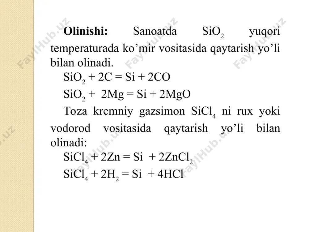 nstruksiyalar, detallarda betonning siqilishdagi yuqori puxtalik xossasi bilan po’lat armaturaning cho’zilishdagi hamda egilishdagi yuqori puxtalik xossasi mujassamlangan. germaniy, qalay, qorg`oshi sirtqi qavatida 4 tadan elektron bor. bular metalloidlar bilan ta’sirlashganda ikkiga yoki to’rtga teng valentlik namoyon qiladi. ge gruppachasidagi elementlar, ular atomlarining sirtqidan oldingi kvant qavatida 2, 8 emas, 18 elektron bo’lishi bilan uglerod gruppachasidagi elementlardan farq qiladi. bularning atom radiusi katta, ionlanish energiyasining qiymati kichik. ge yer po’stlog’ida 2·10–4 % tashkil qiladi. ge tabiatda nodir minerallar, germanit tarkibida uchraydi, u rux rudalarida ham bo’ladi. ge ajratib olinadigan manba toshko’mir yoqilganda chiqadigan kuldir. toshko’mir kulidagi germaniy geo2 ga aylantiriladi. geo2 + 2h2 = ge + 2h2o zonali suyuqlanish usulida tozalashda toza ge olinadi. ge kumushrang, oq tusli, qattiq mo’rt metall bo’lib, uning suyuqlanish temperaturasi 958ºc, zichligi esa 5,36 g/sm3 ga teng. ge havoda o’zgarmaydi. unga suv ham ta’sir etmaydi. ge kislorod bilan 700ºc da ta’sirlashadi, geo2 hosil qiladi. ge suyultirilgan …