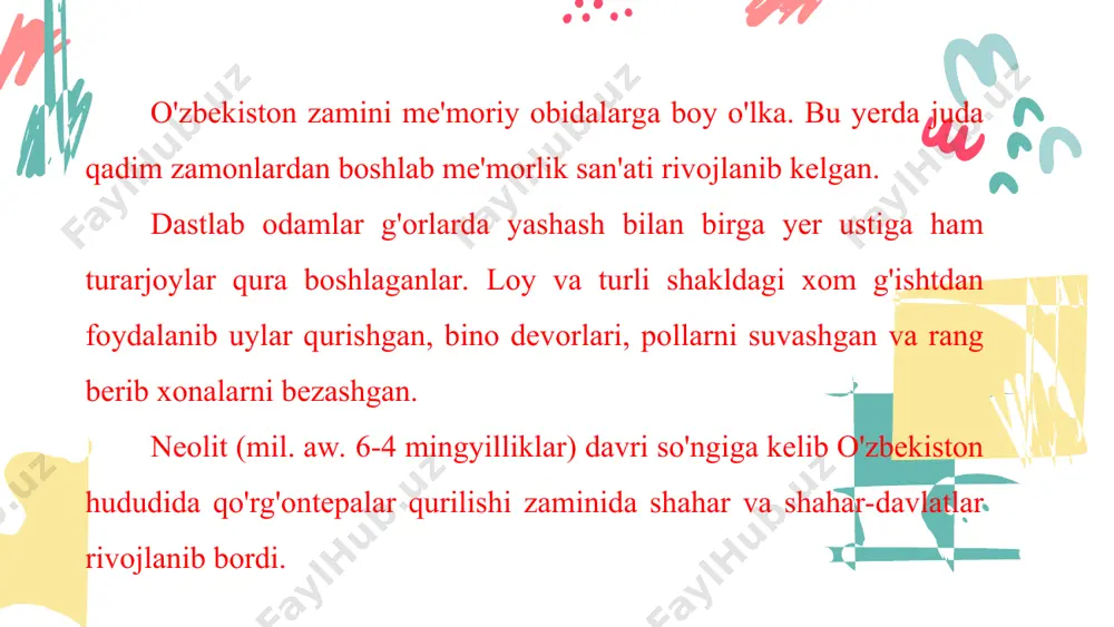 siyob yonbag'rida joylashgan bu majmua xi — xii asrlarda mavjud maqbaralar o'rniga qurilgan. bu yer musulmonlarga qadar ham muqaddas sajdagoh joyi bo'lgan. afsonalarga ko'ra bu yerda avliyo qusam ibn abbos maqbarasi bo'lib, go'yo u shu yerda tirilib yer ostiga kirib ketgan va oxiratgacha o'sha yerda yashashga qaror qilgan. 40-rasm. samarqand. shohizinda maqbarasi. «shohizinda» - «tirik shoh» nomi shu yerdan olingan. hozirgi shohizinda majmuasi ko'rinishi xiv xv asrlarning birinchi yarmida shakllangan. u 1434-1435-yillarda mirzo ulug'bek tomonidan qurdirilgan peshtoq bilan boshlanadi. ulug'bek davrida me'moriy san'atda qator nodir yodgorliklar barpo etildi. ulug'bek madrasasi, rasadxona shular jumlasidandir. ulug'bek rasadxonasi uch qavatli bo'lib, ichki qismi rasmlar bilan bezatilgan. unda tabiat manzaralari keng o'rinni egallagan. shayboniylar davrida buxoro markaziy osiyoning yirik shaharlaridan biriga aylanadi. shaharda temuriylar davrida qurilgan binolarga o'xshash hashamatli binolar qad ko'targan. peshtoqlari bir-biriga qaratib qurilgan qo'sh madrasalar qurildi. buxorodagi markaziy ansambllardan kalon jome' masjidi va mir arab madrasasi ham shu uslubda barpo etildi. …