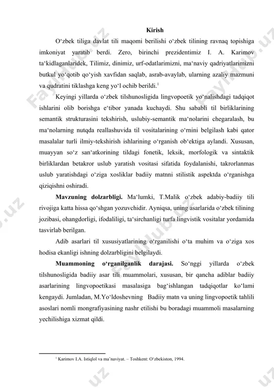 tadqiqotning ilmiy yangiligi. – badiiy matn va uning belgilari masalasining o‘zbek tilshunosligidagi tadqiq darajasi tahlil qilindi; − t.malik asarlarida fonetik, leksik, grammatik vositalarning qo‘llanilishi birinchi marta maxsus o‘rganildi; − t.malikning so‘z qo‘llashdagi o‘ziga xos mahorati ochib berildi. kurs ishining tuzilishi va hajmi. kurs ish kirish, 2 asosiy bob, xulosa va foydalanilgan adabiyotlar ro‘yxatidan iborat va 34 sahifani tashkil etadi. i. bob. tilshunoslikda matn lingvistikasi muammosining ilmiy talqini va tadqiq darajasi ma‘lumki, tilning markaziy, yetakchi vazifasi – kommunikativ vazifadir. har qanday nutqiy kommunikatsiyaning yuzaga kelishida, voqelanishida esa uch asosiy unsurning ishtiroki majburiydir, ya‘ni so‘ zlovchi (yozuvchi) – axborot (matn) – tinglovchi (o‘ quvchi). ularning birortasisiz muloqot jarayoni voqe bo‘ lolmaydi. tinglovchiga ma‘lum axborotni yetkazish maqsadi nutq jarayonini yuzaga keltiradi. tabiiyki, aynan shu so‘ zlovchi va tinglovchi o‘ rtasidagi «oldi-berdi»ning lisoniy ifodalanishi va anglanishi birinchi darajali e‘tiborni tortadi. tilda aloqa-aralashuv vositalari ichida an‘anaviy eng katta birlik hisoblangan gapdan ham yirik qurilmalar mavjud …