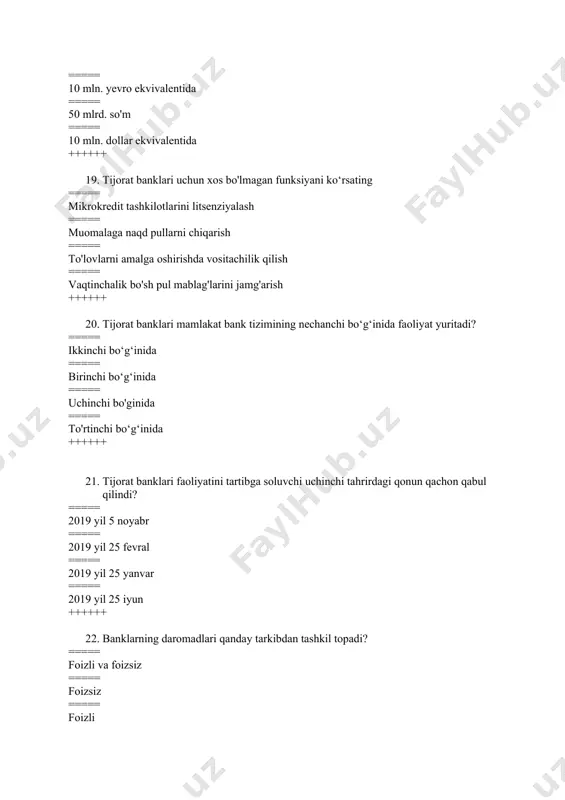 on bank texnologiyalaridan foydalangan holda (kassa xizmatini koʼrsatmasdan) bank xizmatlarini masofaviy koʼrsatuvchi bank yoki uning tarkibiy boʼlinmasi hisoblanadi. ===== raqamli bank - innovatsion bank texnologiyalaridan foydalangan holda (kassa xizmatini koʼrsatib) bank xizmatlarini masofaviy koʼrsatuvchi bank yoki uning tarkibiy boʼlinmasi. ===== raqamli bank - bank texnologiyalaridan foydalangan holda bank xizmatlarini masofaviy koʼrsatuvchi bank. ===== raqamli bank — bu elektron aylanma modelidan foydalanmaydigan holda ishlaydigan filialsiz bank. ++++++ 29. o'zbekistondagi raqamli banklar qaysi bandda ko`rsatilgan ===== tbc bank, anorbank va uzumbank ===== markaziy bank, o‘zmilliybank, o‘zsanoatqurilishbank ===== asakabank, ipak yo‘li bank, ziraat bank uzbekistan ===== anorbank, poytaxt bank,tenge bank ++++++ 30. banknotalar qaysi organ tomonidan muomalaga chiqariladi va tartibga solinadi? ===== markaziy bank ===== davlat banki ===== tijorat banki ===== investitsion bank ++++++ 31. “yomon pullar yaxshi pullarni haydab chiqaradi” ta`limoti quyidagi qaysi qonunda ushbu jumlalar keltirilgan? ===== gresham qonuni ===== mishkin qonuni ===== keyns qonuni ===== adam smit qonuni ++++++ 32. …