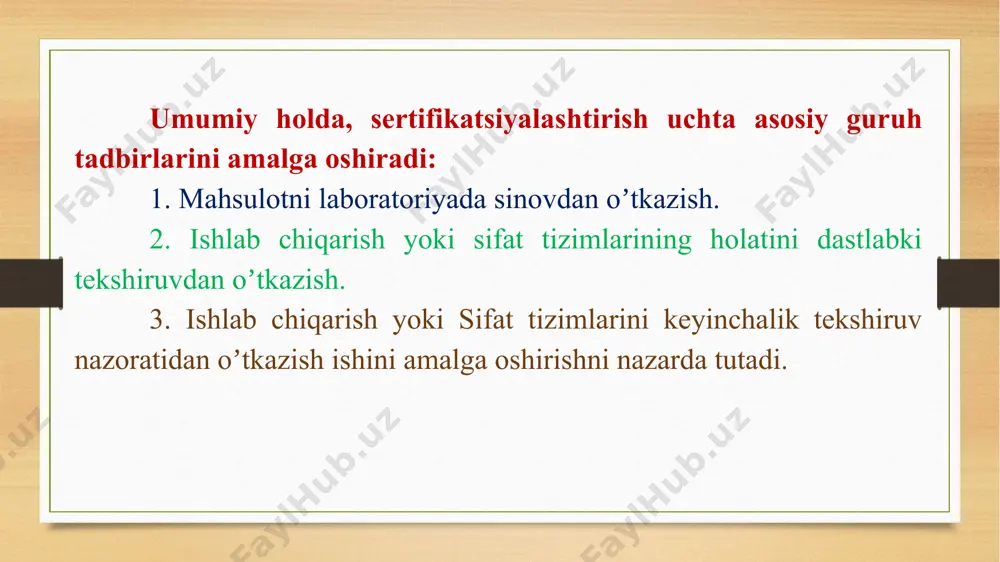 h. koʼrib chiqilgan sertifikatsiyalashtirish sxemalaridan eng aniq, koʼp mablagʼ talab qiladigan, aniq sxemalardan iborat (5-sxema). bu sxemaga muvofiq chiqarilayotgan mahsulot koʼrsatkichlari, ishlab chiqarish qoidalariga rioya qilinishi puxta va toʼla nazorat qilinadi, samaradorligi baholanadi. sxemaning asosiy ustivorligi korxonaning tegishli meʼyoriy hujjatlarida belgilangan sifat koʼrsatkichlarini taʼminlaydigan mahsulot ishlab chiqarishga qodir ekanligini, sifat tizimini muvaffaqiyatli qoʼllanilishi mumkinligini aniqlashdan iborat. turli sertifikatsiyalash sxema va modellarini ayrim hollarda ularning kombinatsiyalashtirilgan variantlari qoʼllani¬lishi mumkin. tanlangan sxema varianti asosan buyurtmachining talablarini qondiradigan va sertifikatsiyalashtirish tashkiloti talablariga muvofiq boʼlishi kerak. tanlangan sertifikatsiyalashtirish sxemasiga muvofiq sinov natijalari bayonnomalari mahsulotga muvofiqlik sertifikati tamgʼasini qoʼyish, litsenziya berish huquqini berishga asos boʼladi. har bir sertifikatsiyalashtirish tizimini va uni tashkiliy ishlarini hal qiluvchi, ishlashini taʼminlovchi va rahbarlik qiluvchi tashkilot amalga oshiradi. sertifikatsiyalashtirish tashkilotilari: - ishlab chiqarish uyushmalari; - asosiy isteʼmolchi yoki isteʼmolchilar guruhi; - yirik savdo tashkilotlari - standartlashtirish boʼyicha milliy tashkilot; - xususiy tashkilotlar (kompaniyalar); - korxona yoki maxsus sinash laboratoriyalari. sinov …